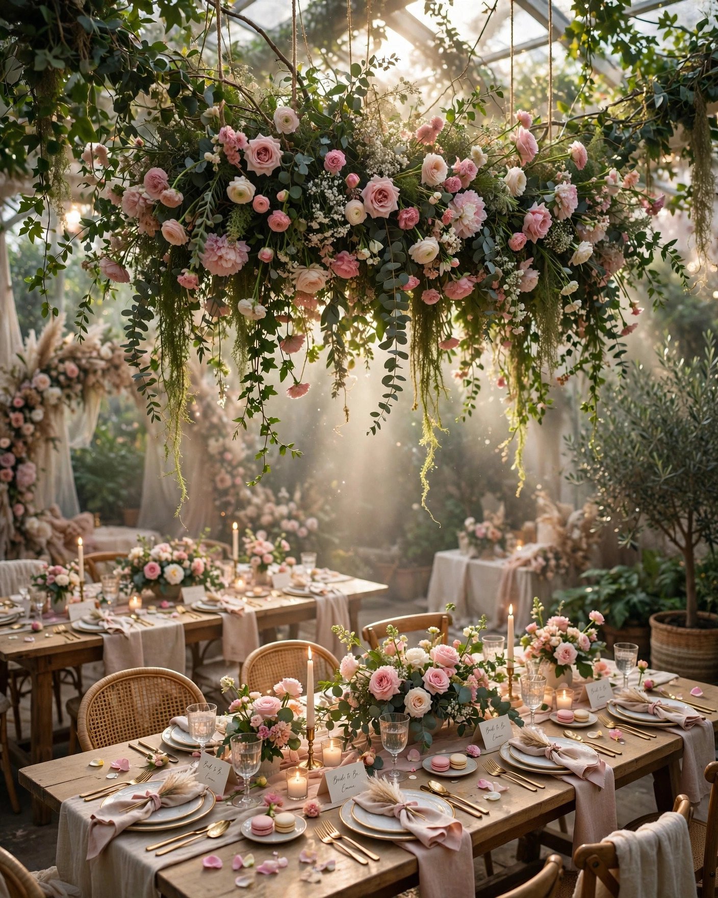 Hanging floral installation with greenery suspended over bridal shower tables