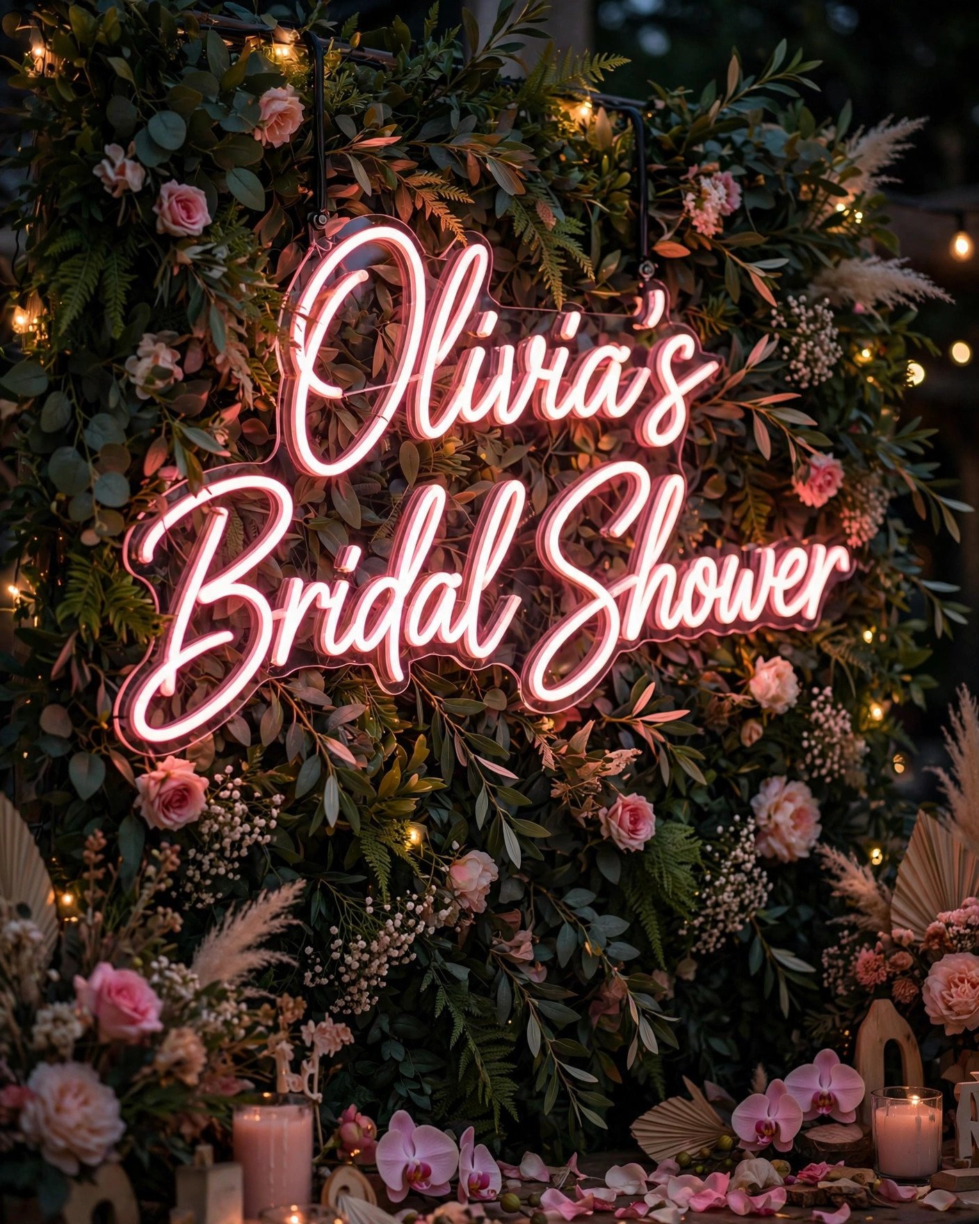 Personalized neon-style sign with bride's name glowing at bridal shower
