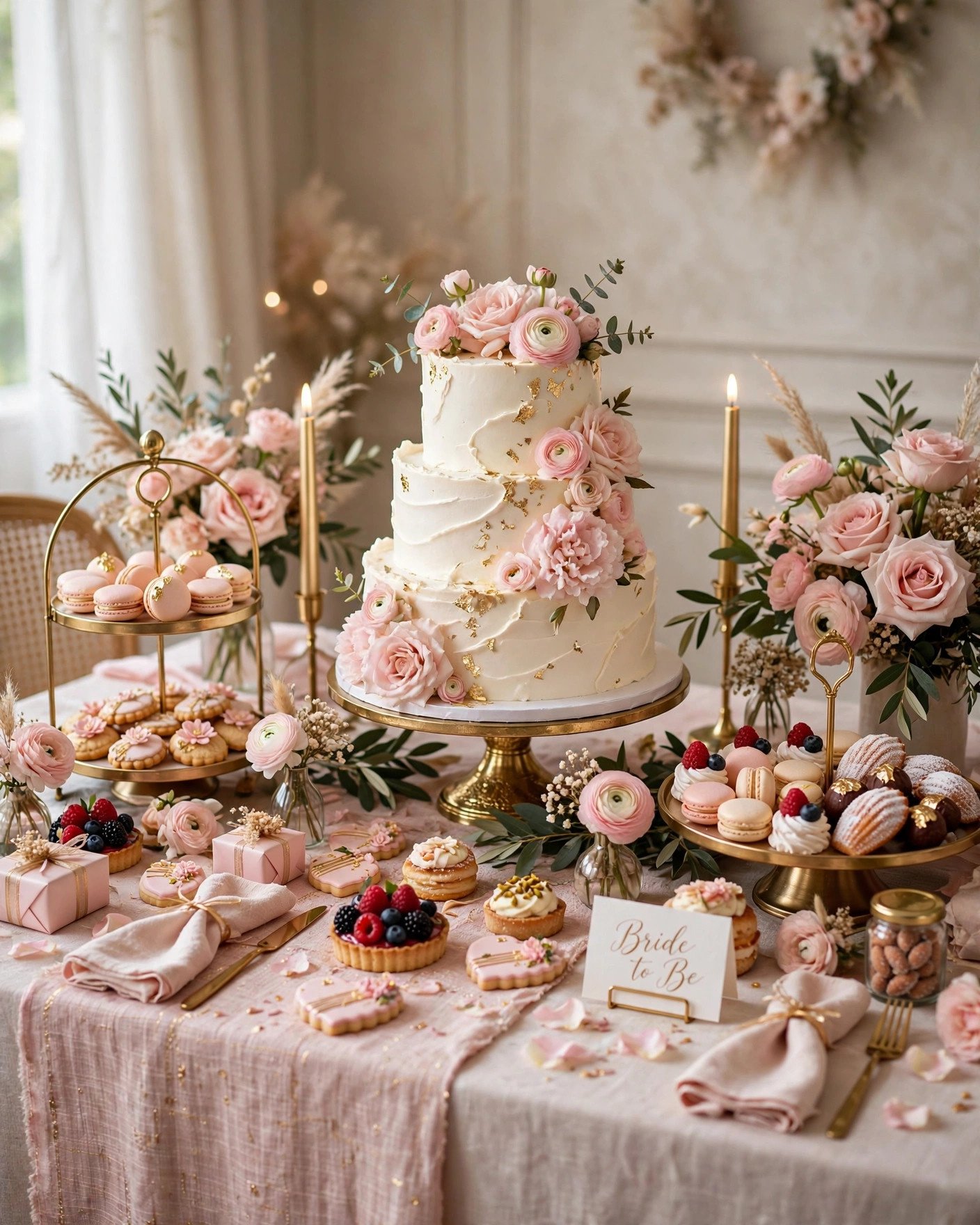 Elegantly styled bridal shower dessert table with cake and treats