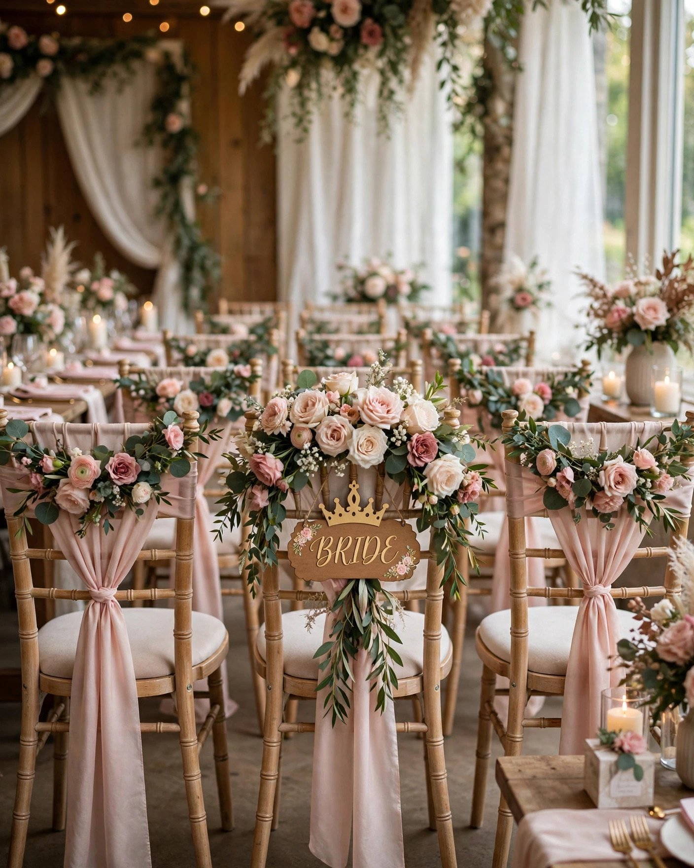 Bridal shower chairs decorated with floral swags and ribbon sashes
