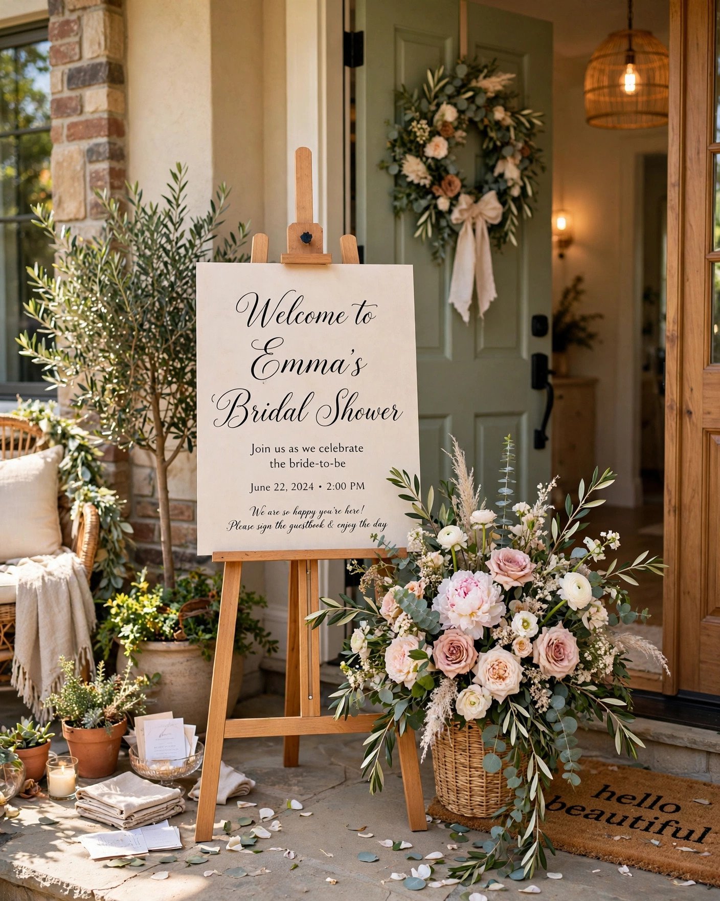 Elegant bridal shower welcome sign with floral entryway decor