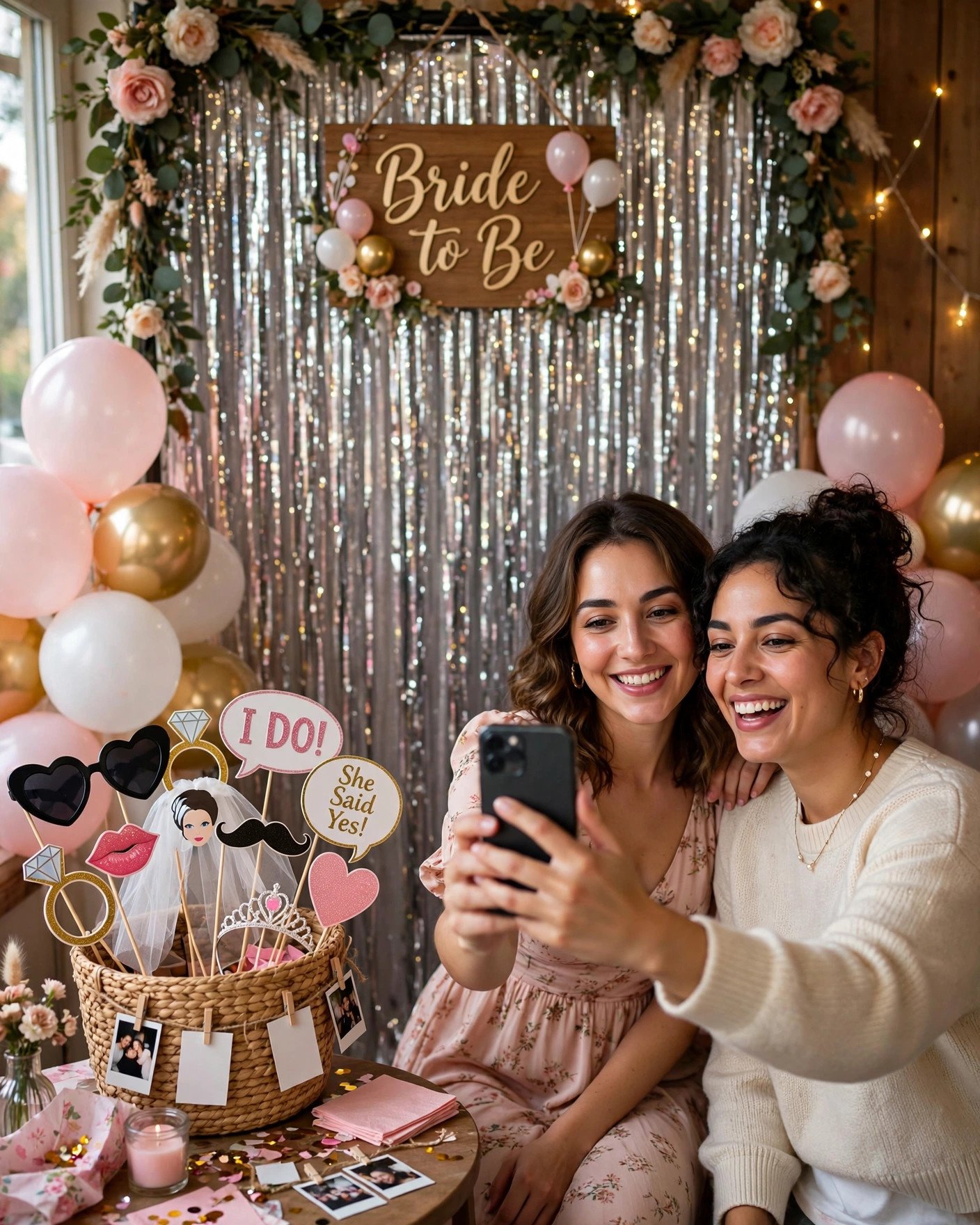 DIY bridal shower photo booth corner with fun props and backdrop