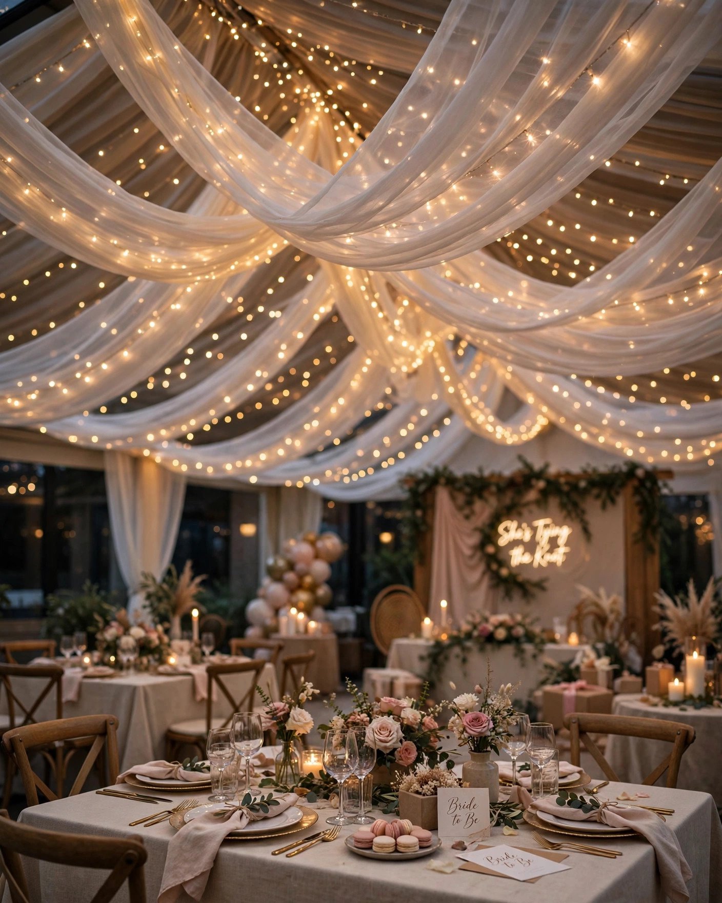 Bridal shower venue with elegant ceiling draping and fairy lights