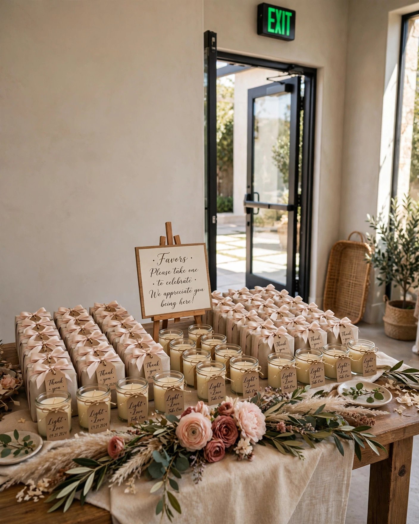 Beautiful bridal shower favor table display with wrapped gifts