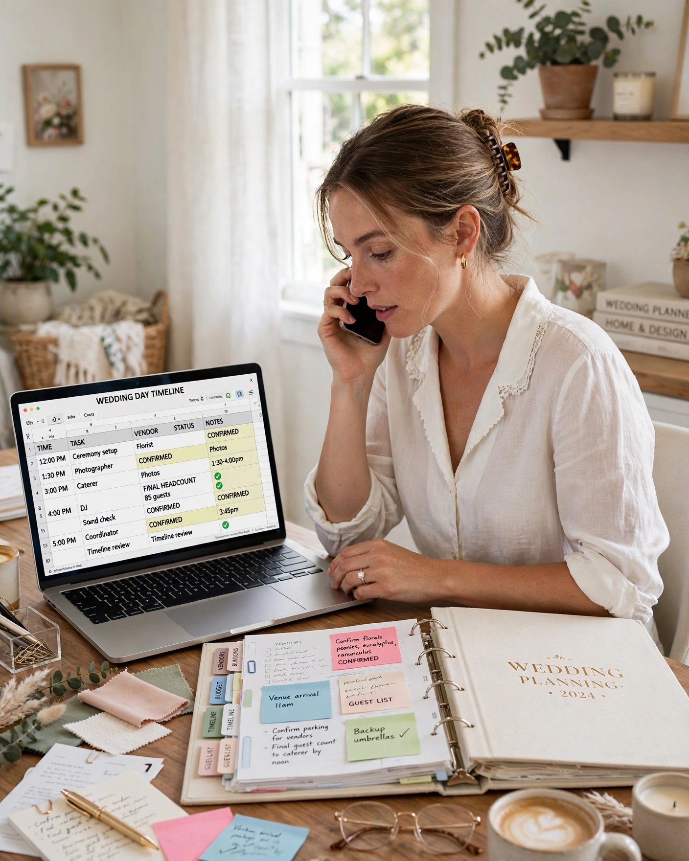 Bride on phone confirming final details with wedding vendors