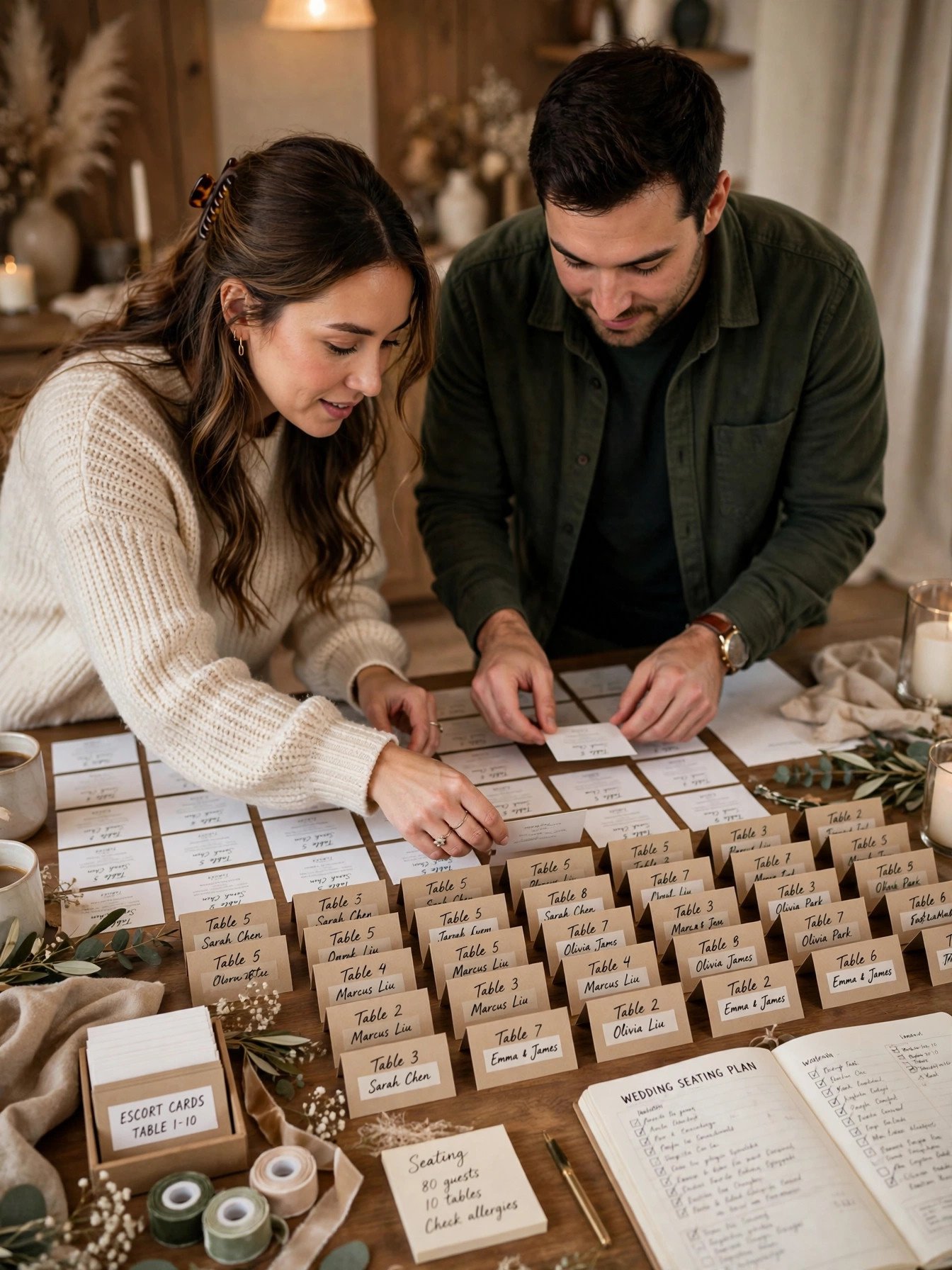 Couple arranging wedding seating chart cards on a large table
