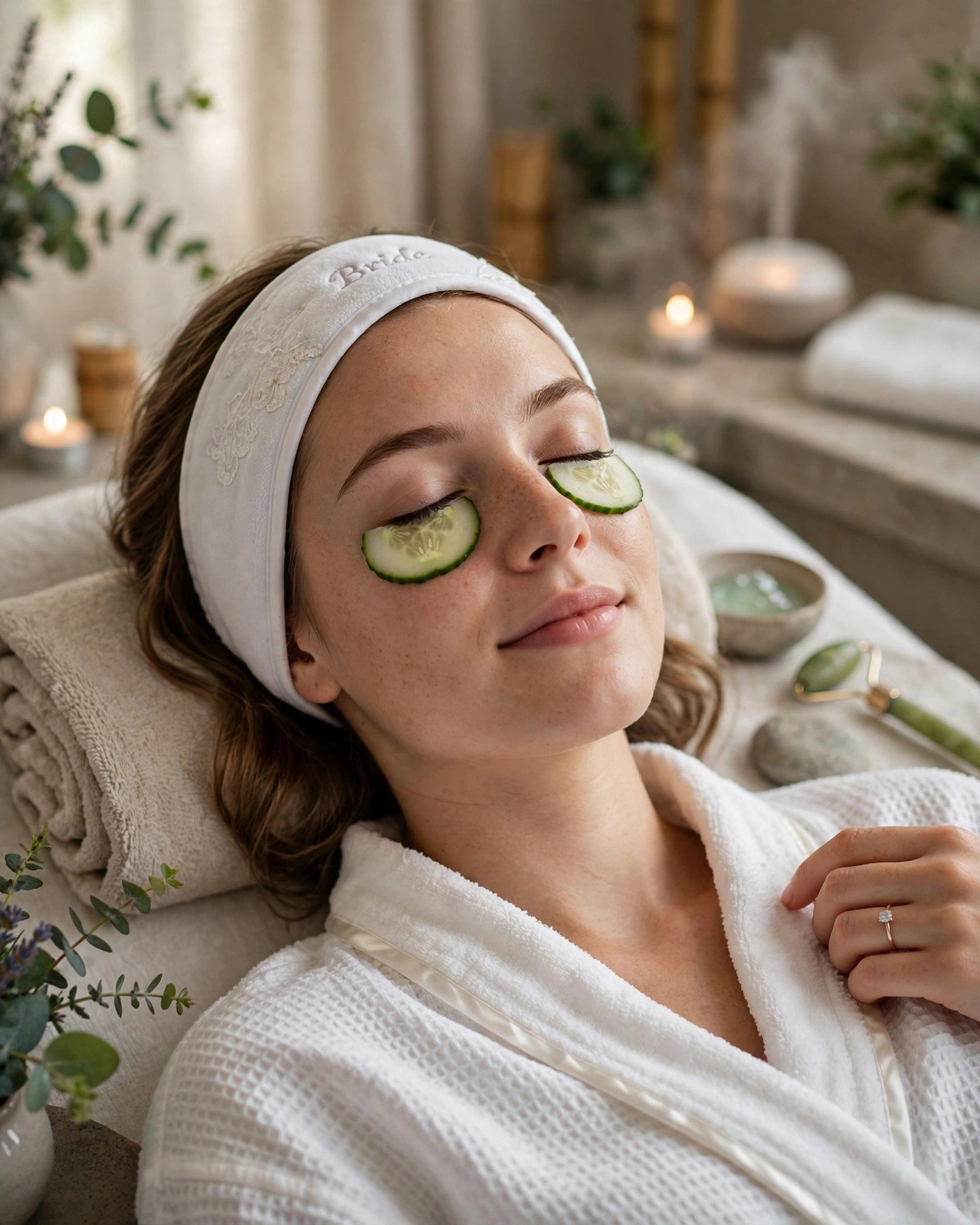 Bride enjoying relaxing self-care facial treatment before wedding