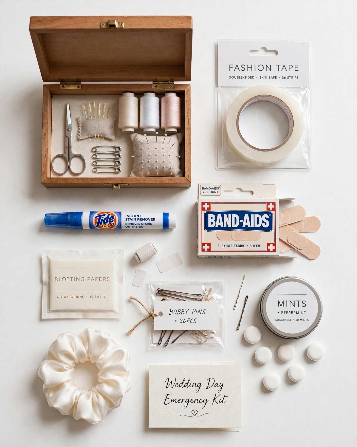 Wedding day emergency kit with sewing supplies and essentials organized