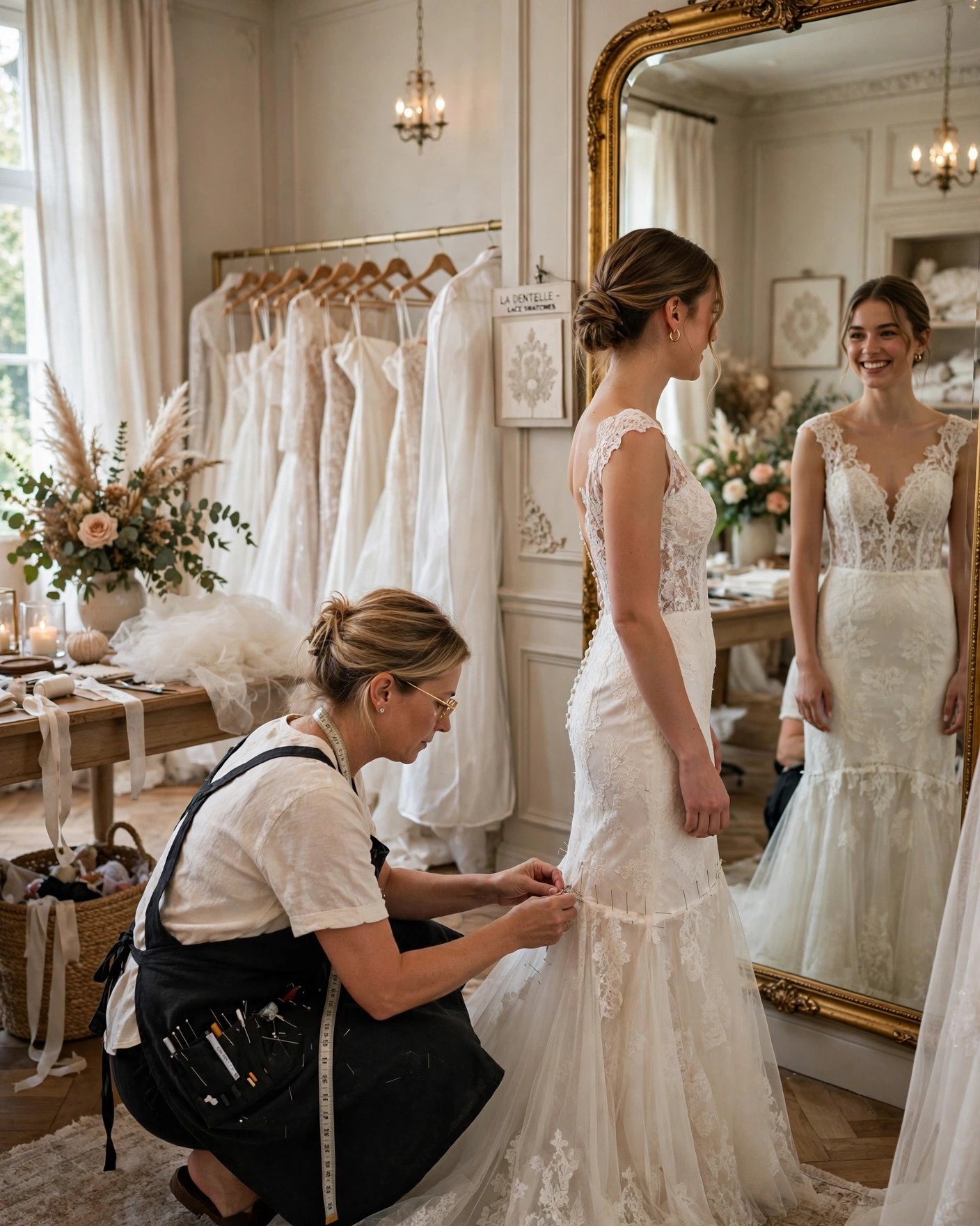 Bride at final wedding dress fitting in bridal boutique
