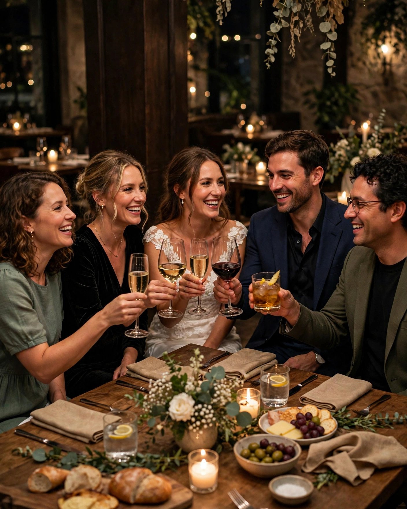 Warm rehearsal dinner gathering with wedding party toasting at restaurant