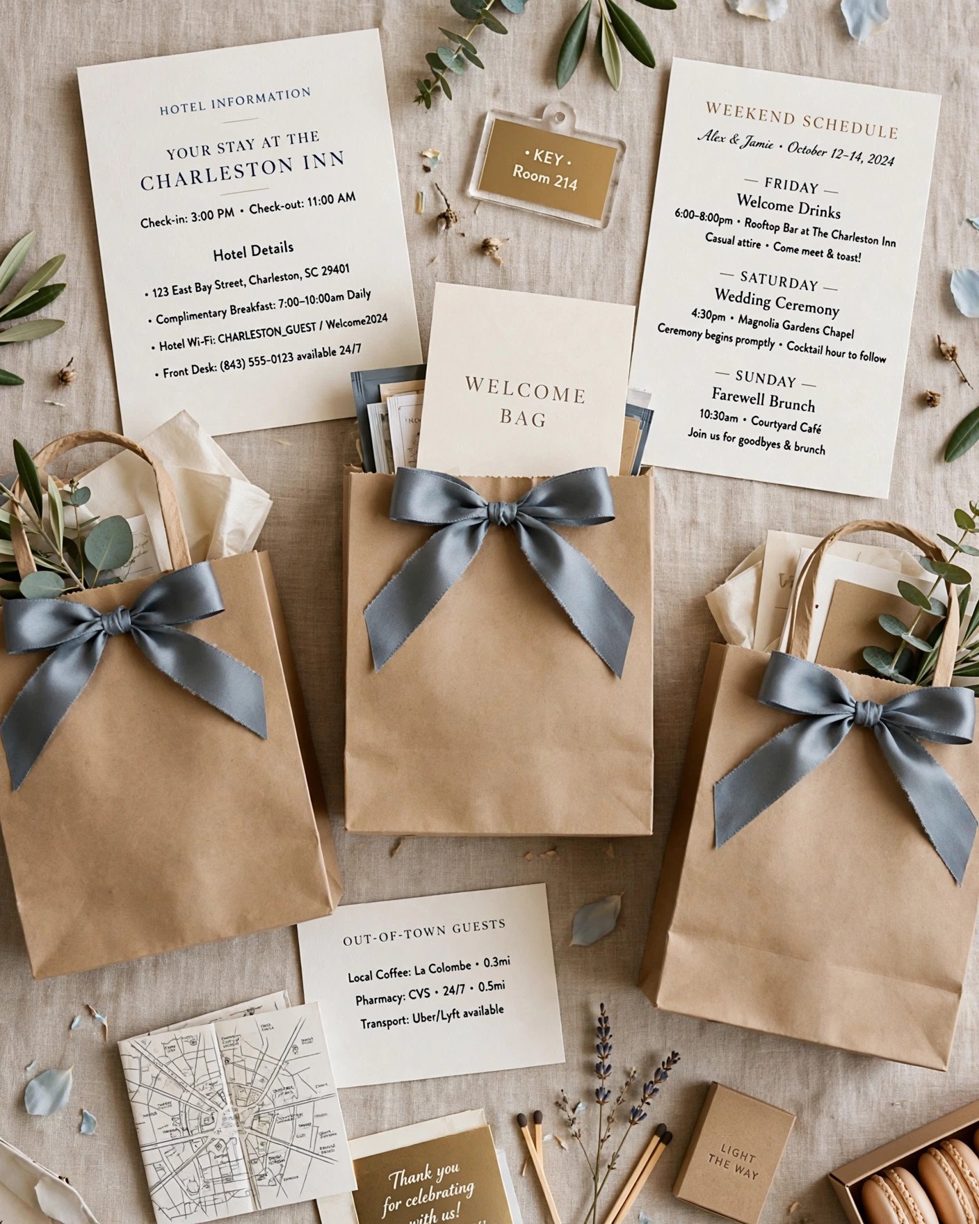 Welcome bags and hotel information prepared for out-of-town wedding guests