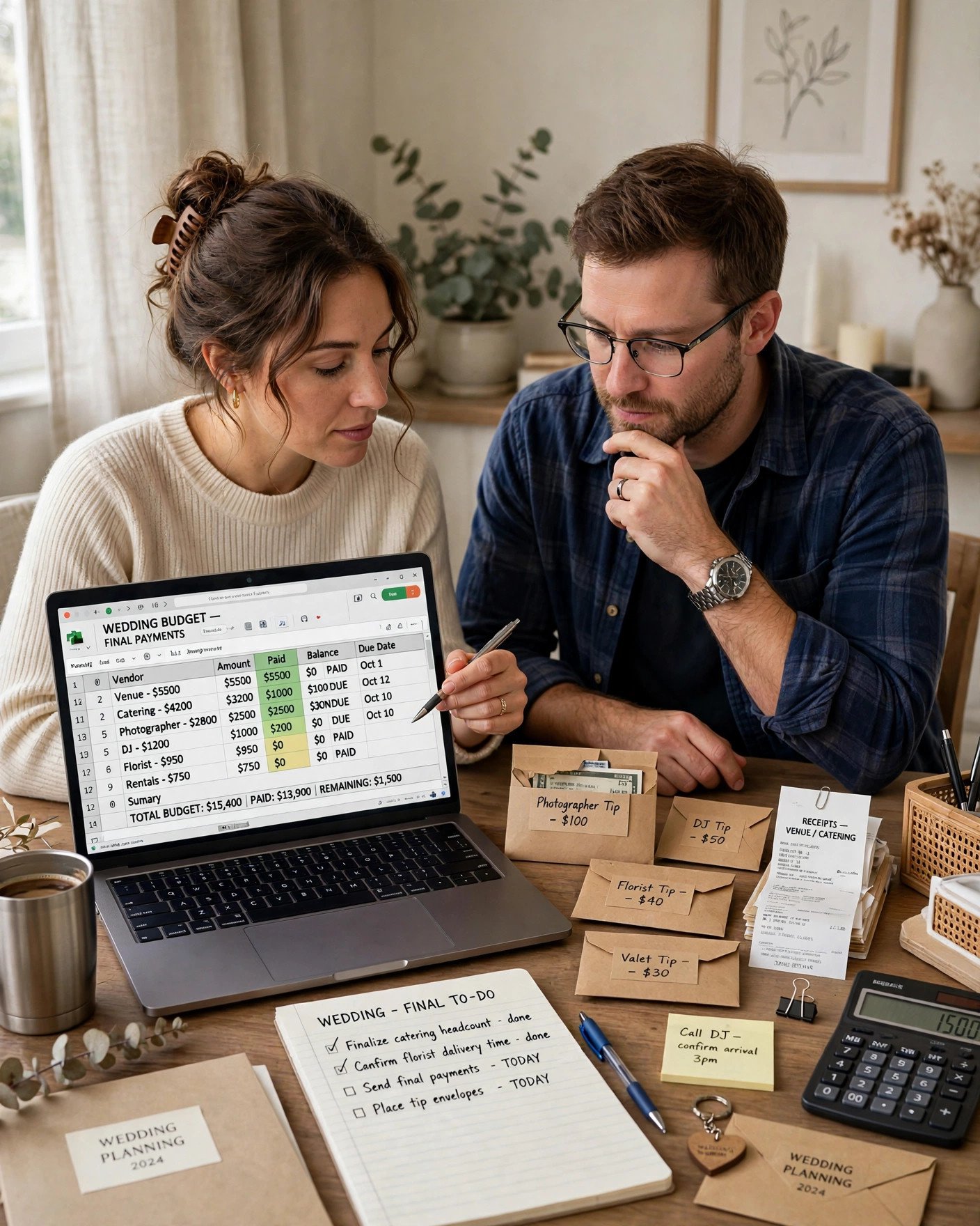 Couple reviewing final wedding vendor payments and budget spreadsheet