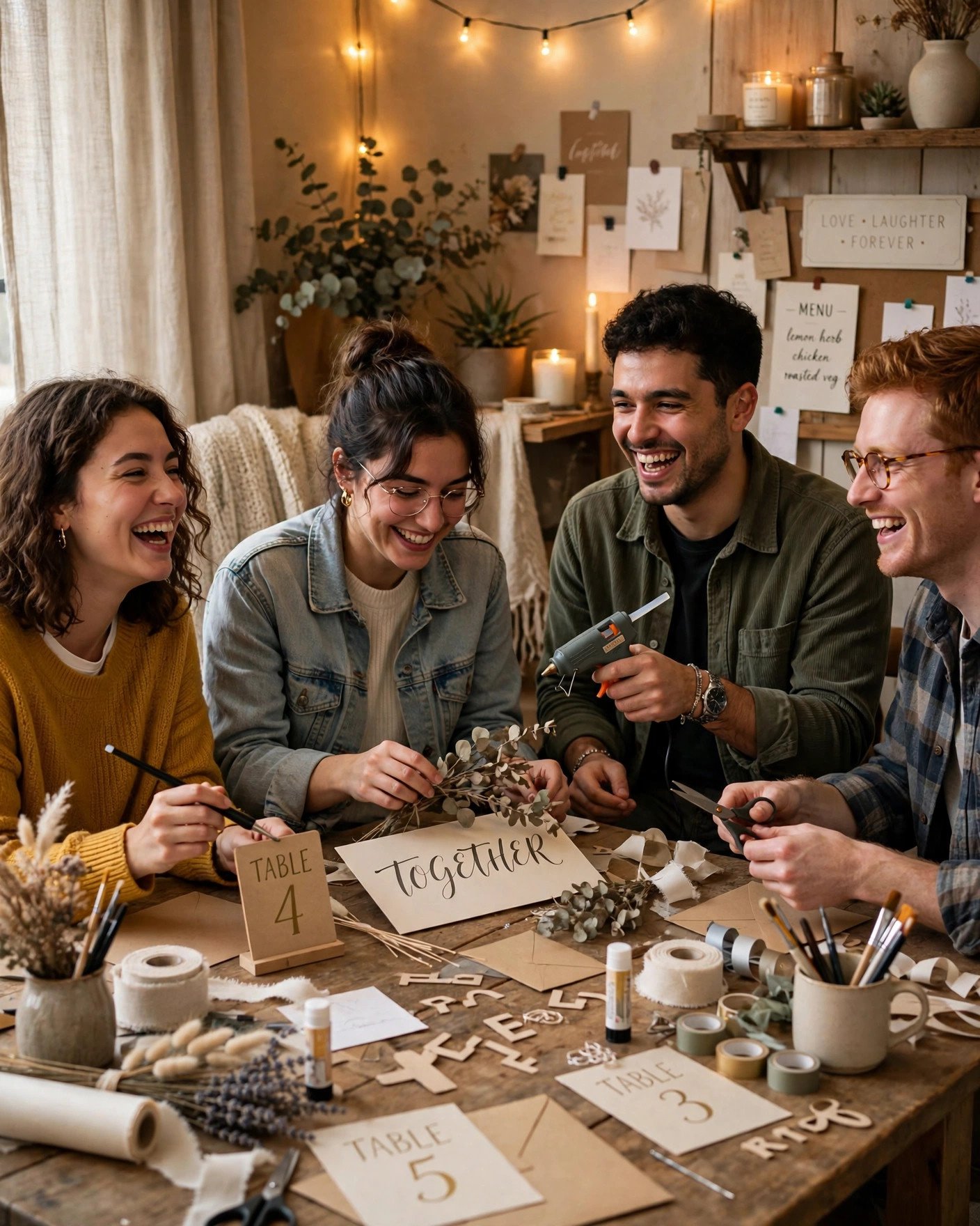 Wedding party assembling DIY wedding decor together at crafting party