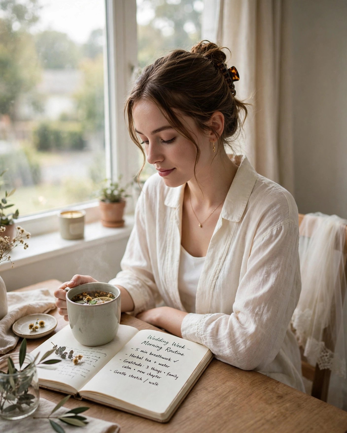 Bride practicing calm morning routine with tea before wedding week