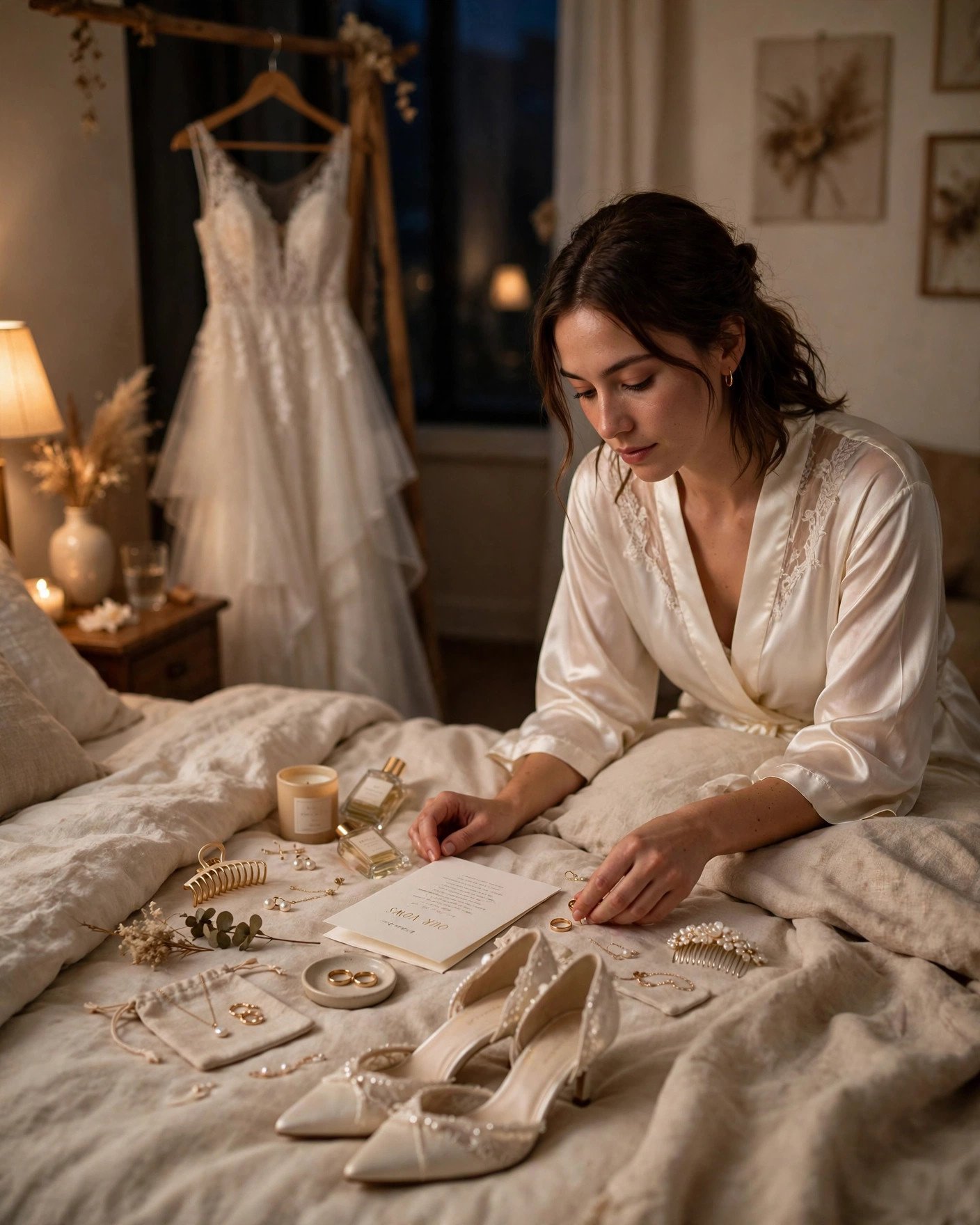 Bride laying out wedding day essentials the night before wedding
