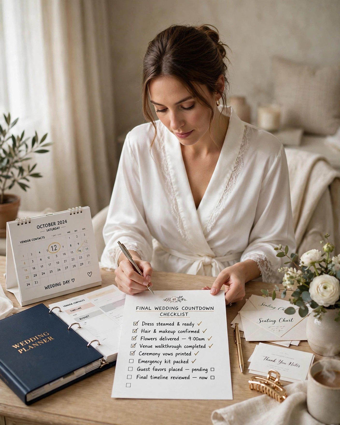 Bride reviewing her final wedding countdown checklist one month before the wedding