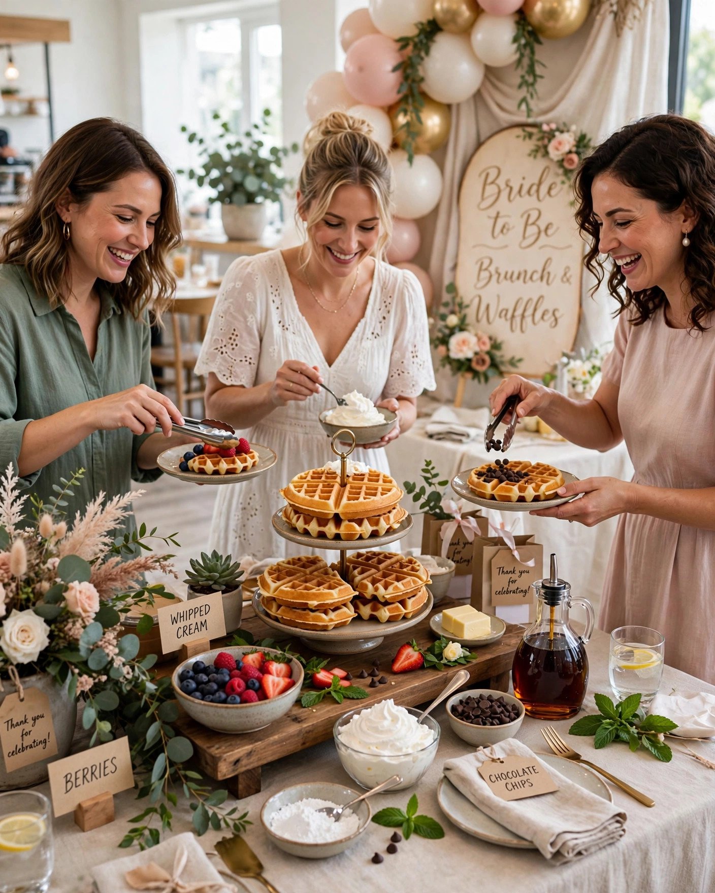 Interactive waffle and pancake station with toppings at bridal shower brunch