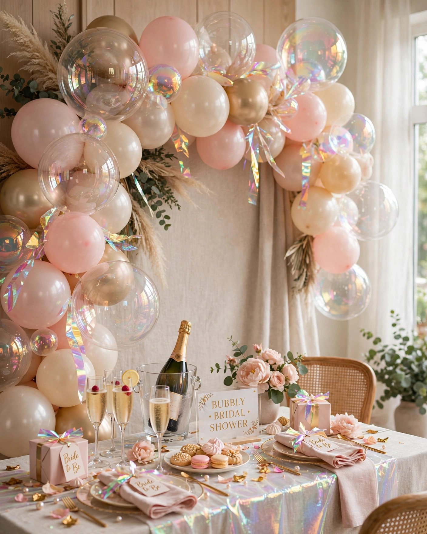 Bubbly-themed bridal shower decor with gold and blush bubble accents