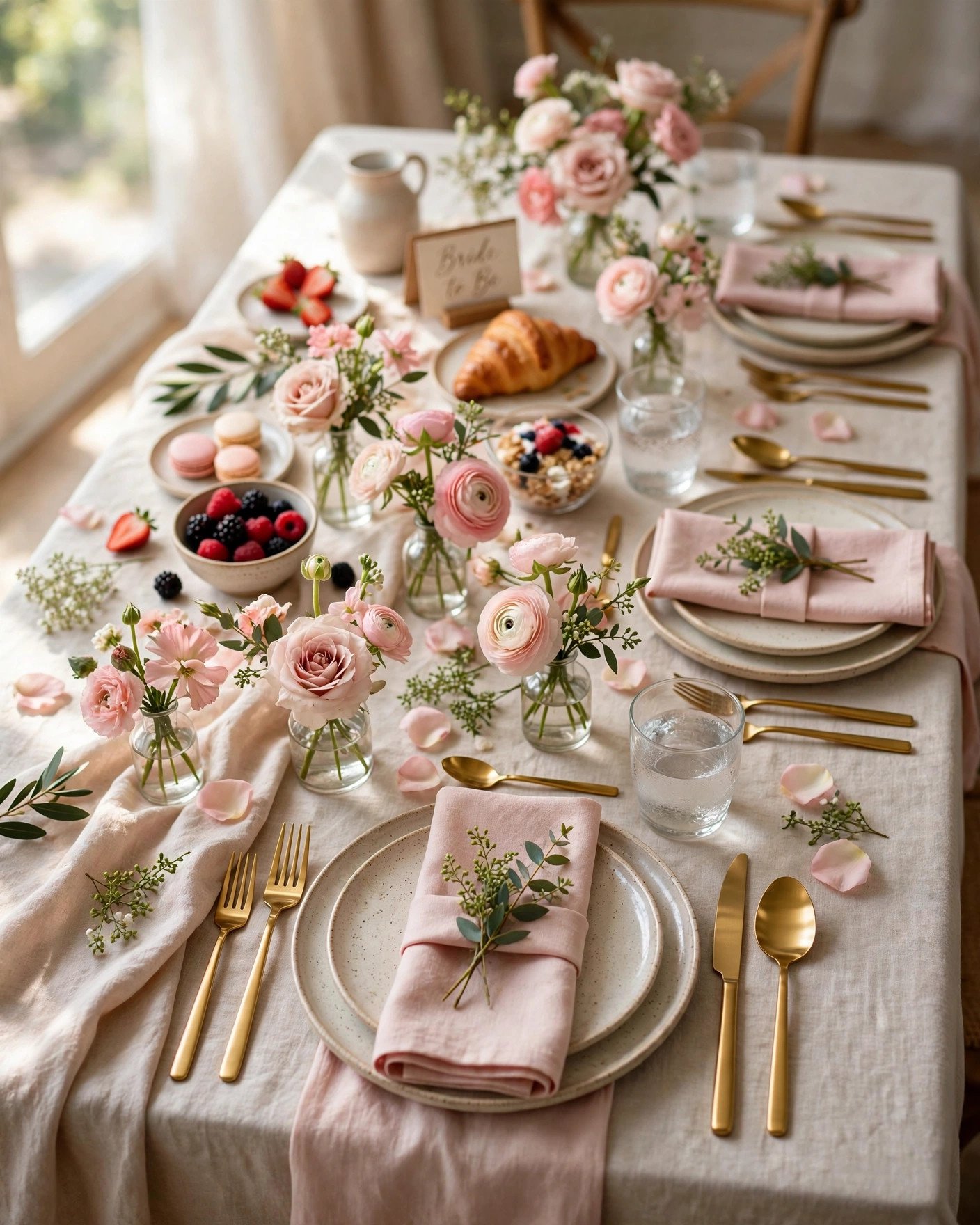 Floral bridal shower table settings with fresh blooms and elegant place settings