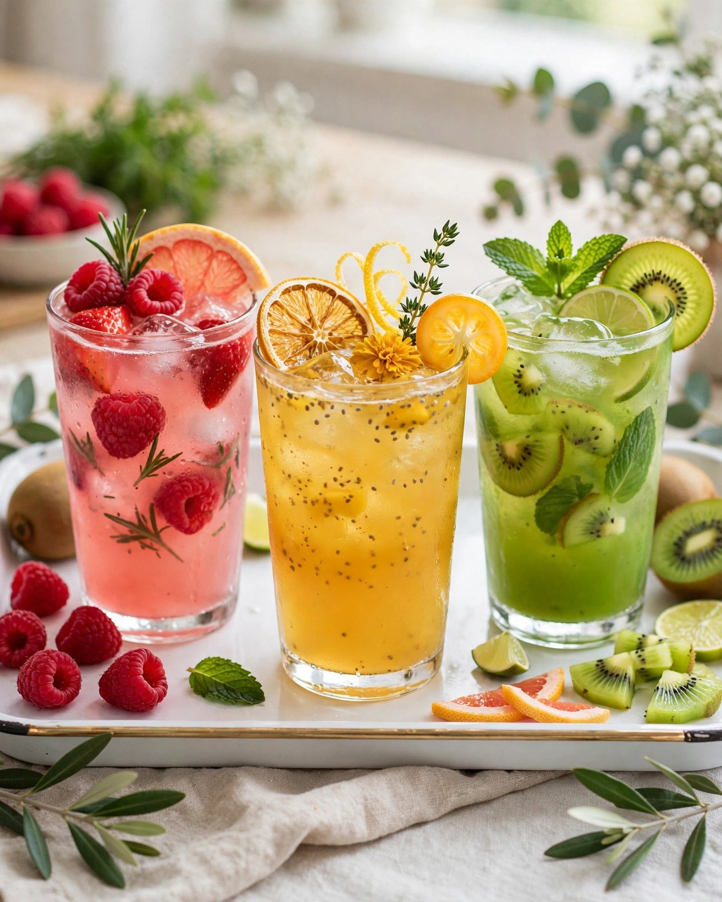 Signature alcohol-free brunch mocktails with fruit garnishes in pretty glasses
