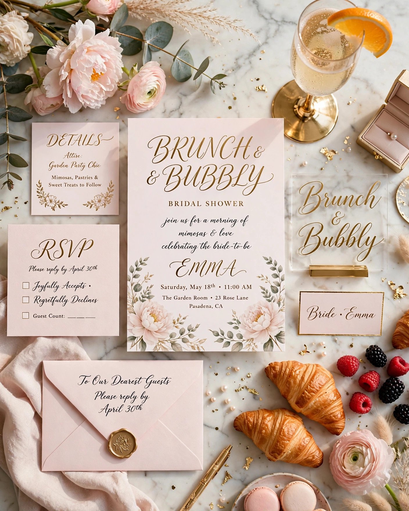 Beautiful brunch and bubbly bridal shower invitations and party signage