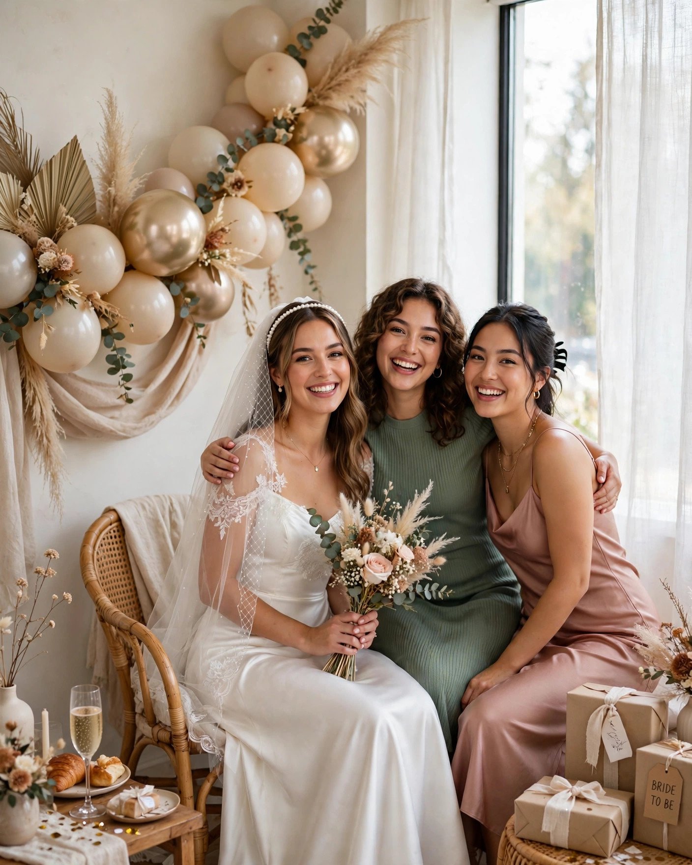 Bridal shower photo moment corner with balloon garland and bride posing