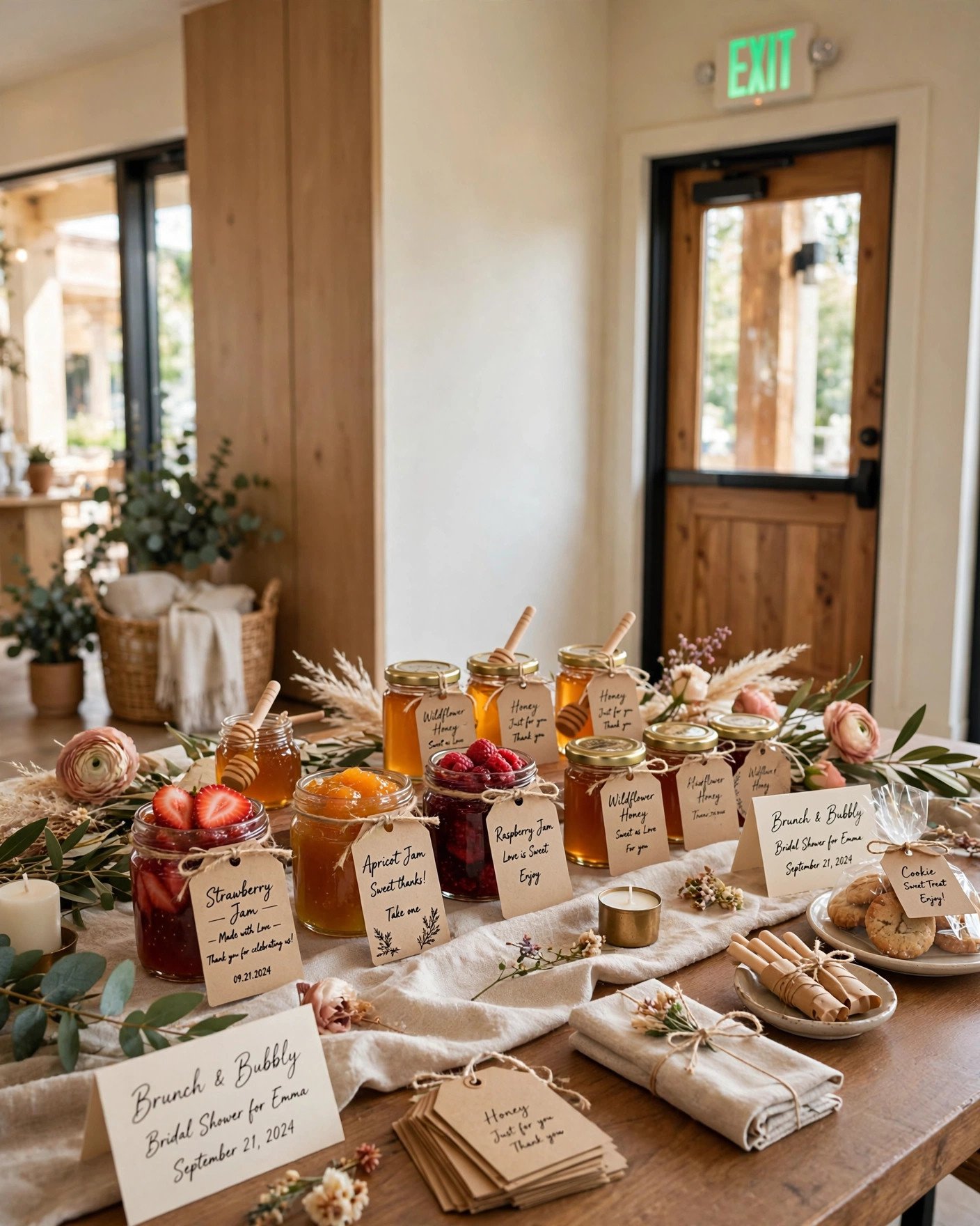 Charming brunch bridal shower favors with mini jam jars and tags