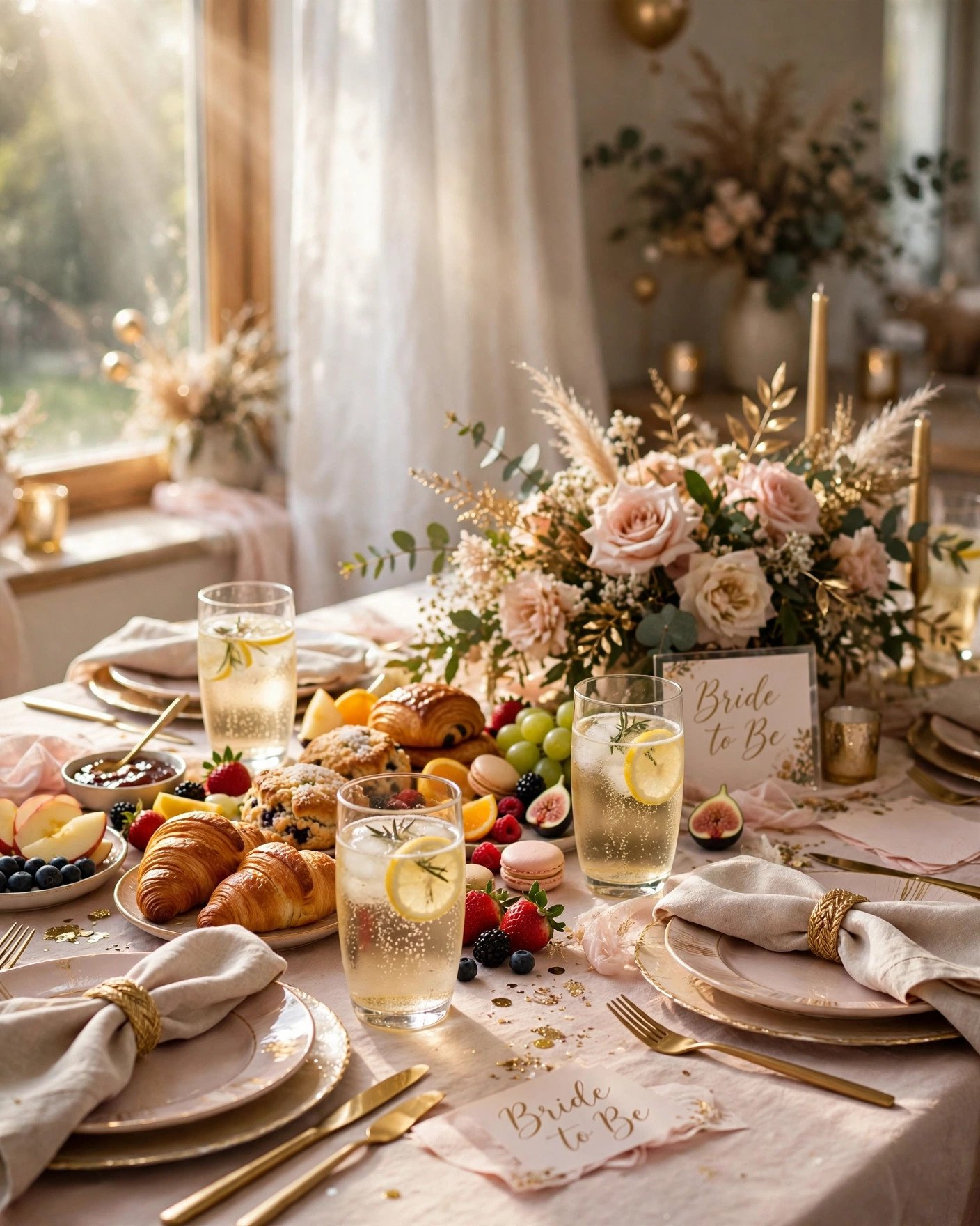 Beautiful brunch and bubbly bridal shower table with sparkling mocktails and pastries