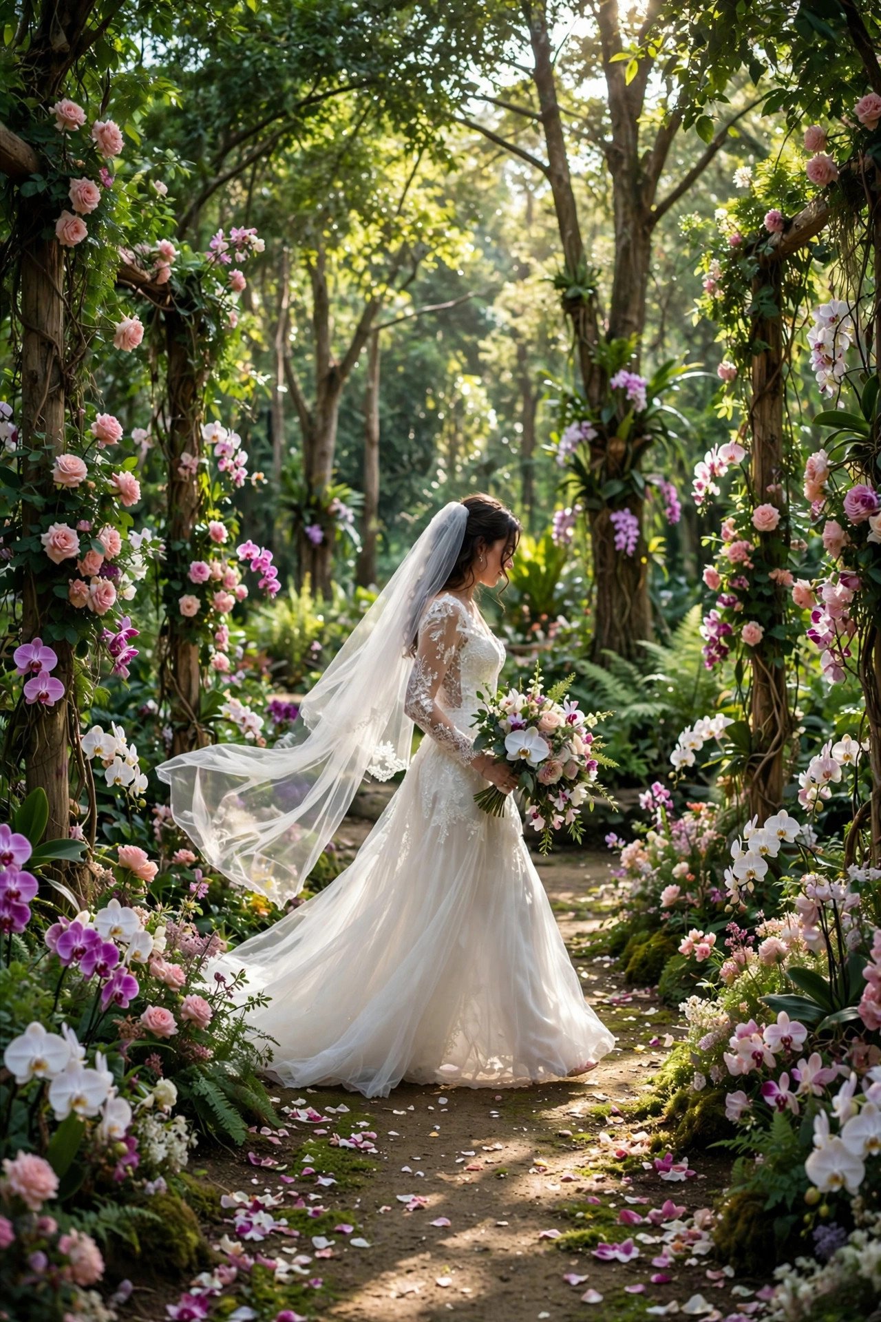 Wedding ceremony in a lush botanical garden greenhouse with glass ceiling