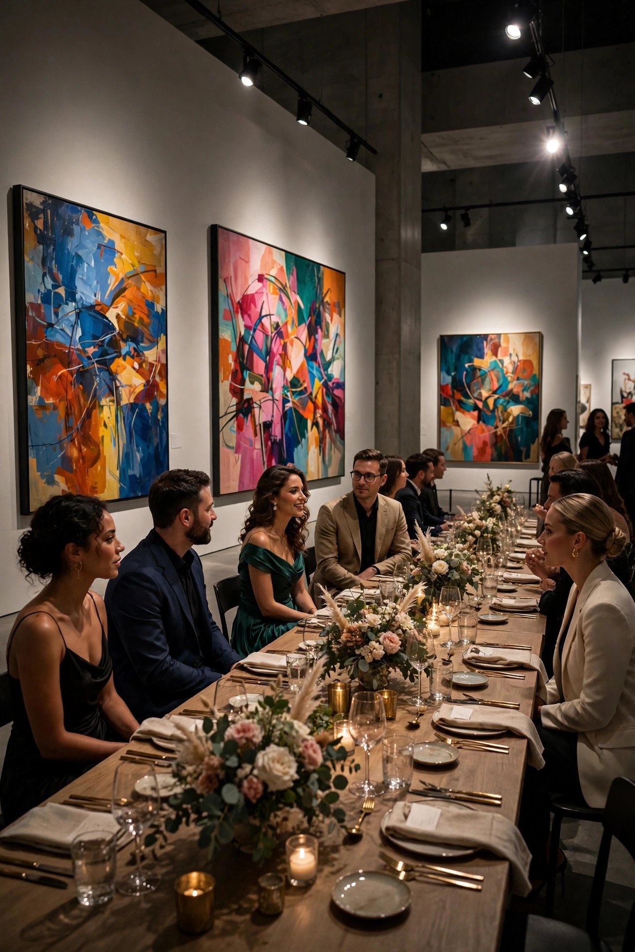 Elegant wedding reception inside a modern art gallery with dramatic lighting