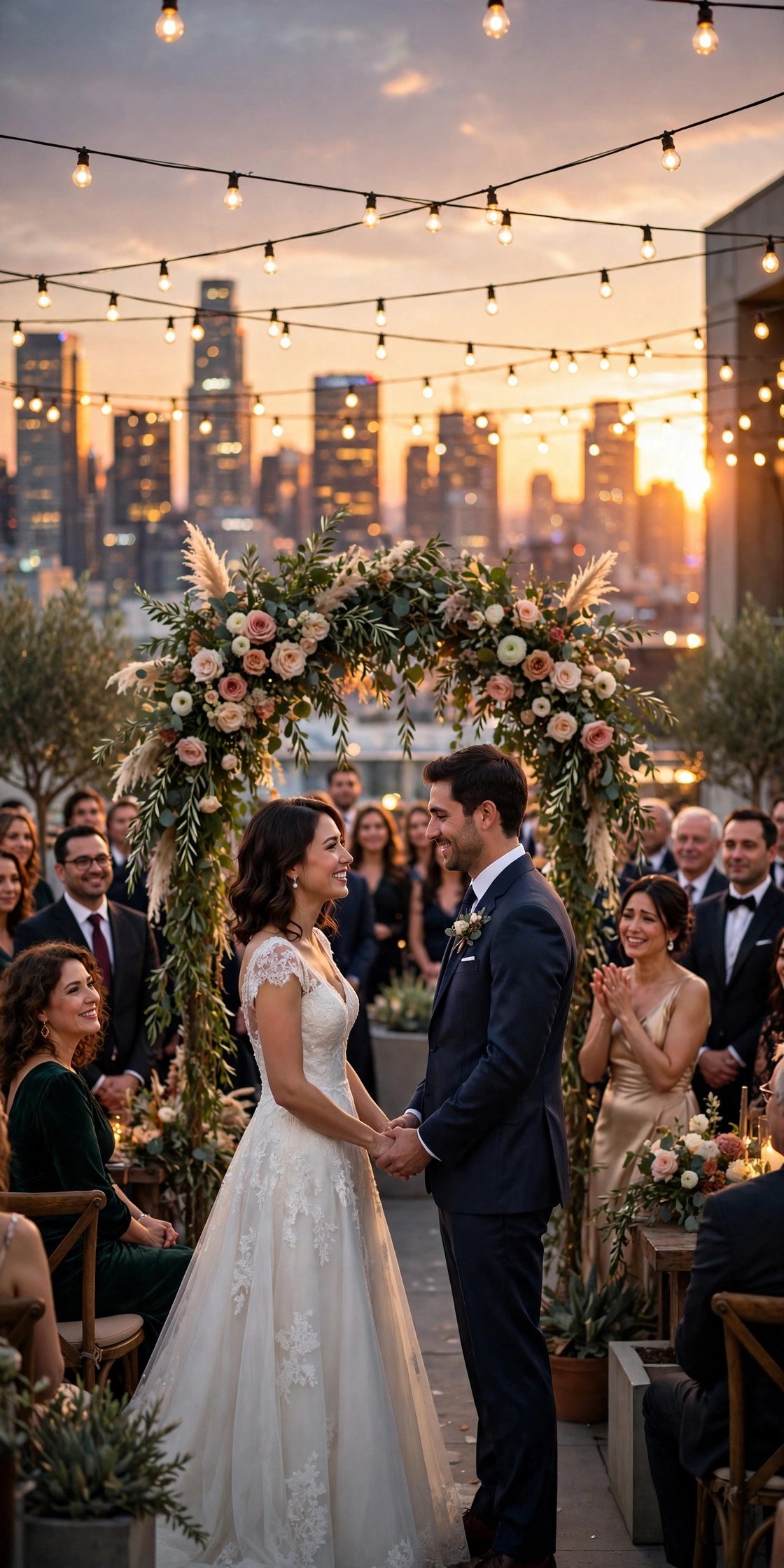 Rooftop wedding ceremony at sunset with city skyline in the background