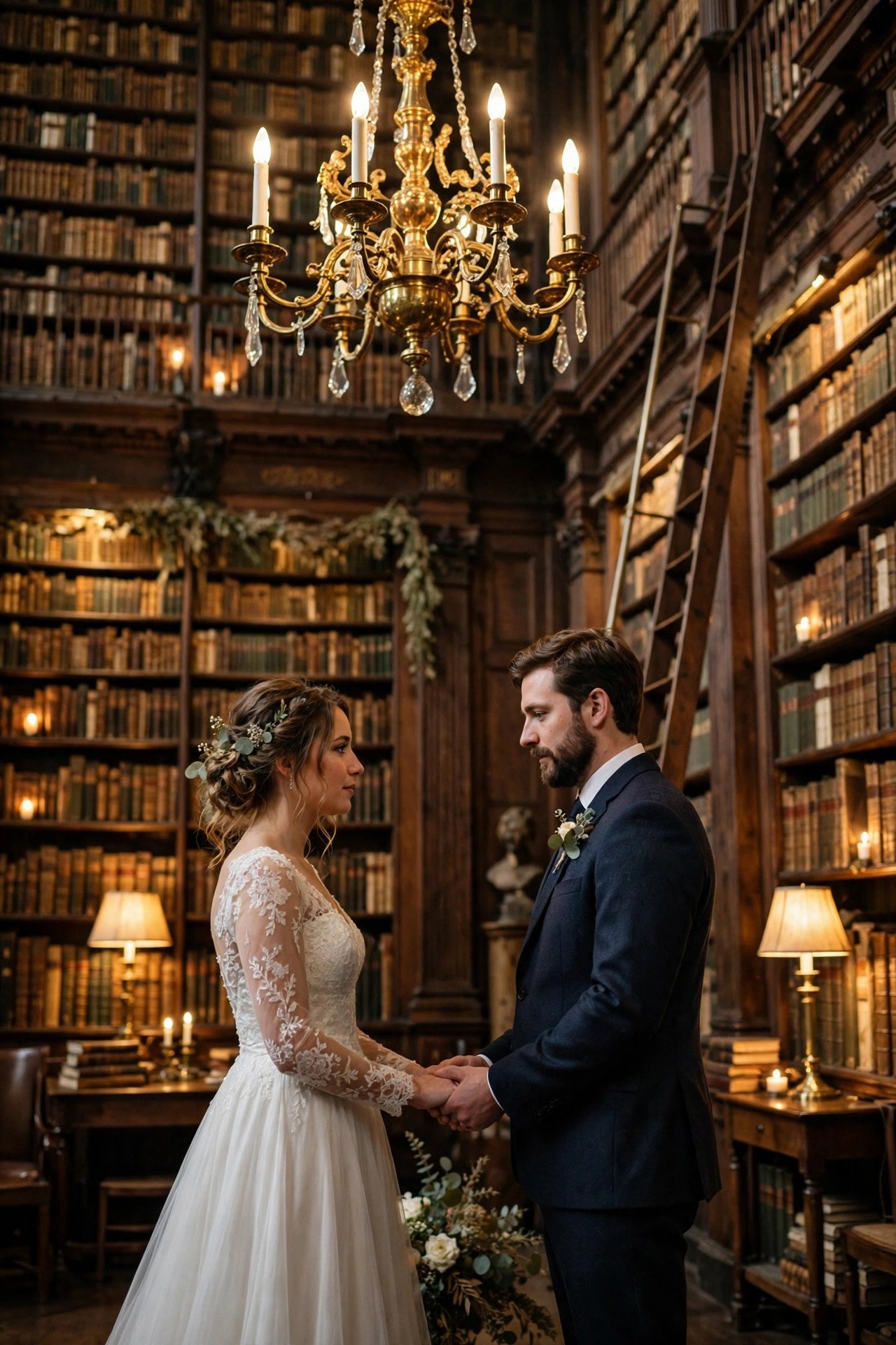 Intimate wedding ceremony in a historic library with tall wooden bookshelves
