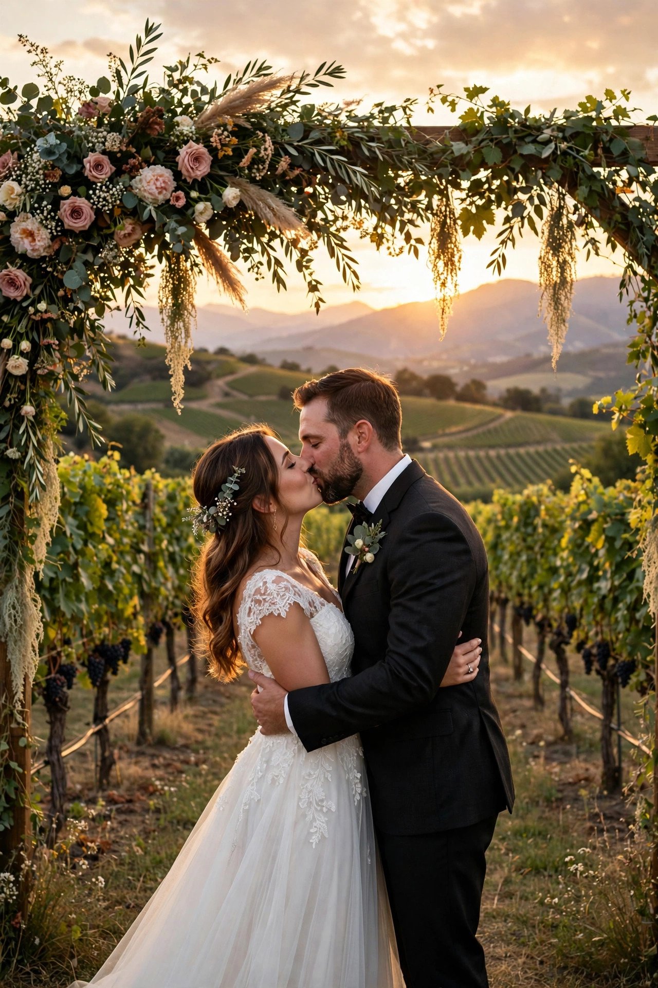 Outdoor wedding ceremony among vineyard rows at golden hour with mountains