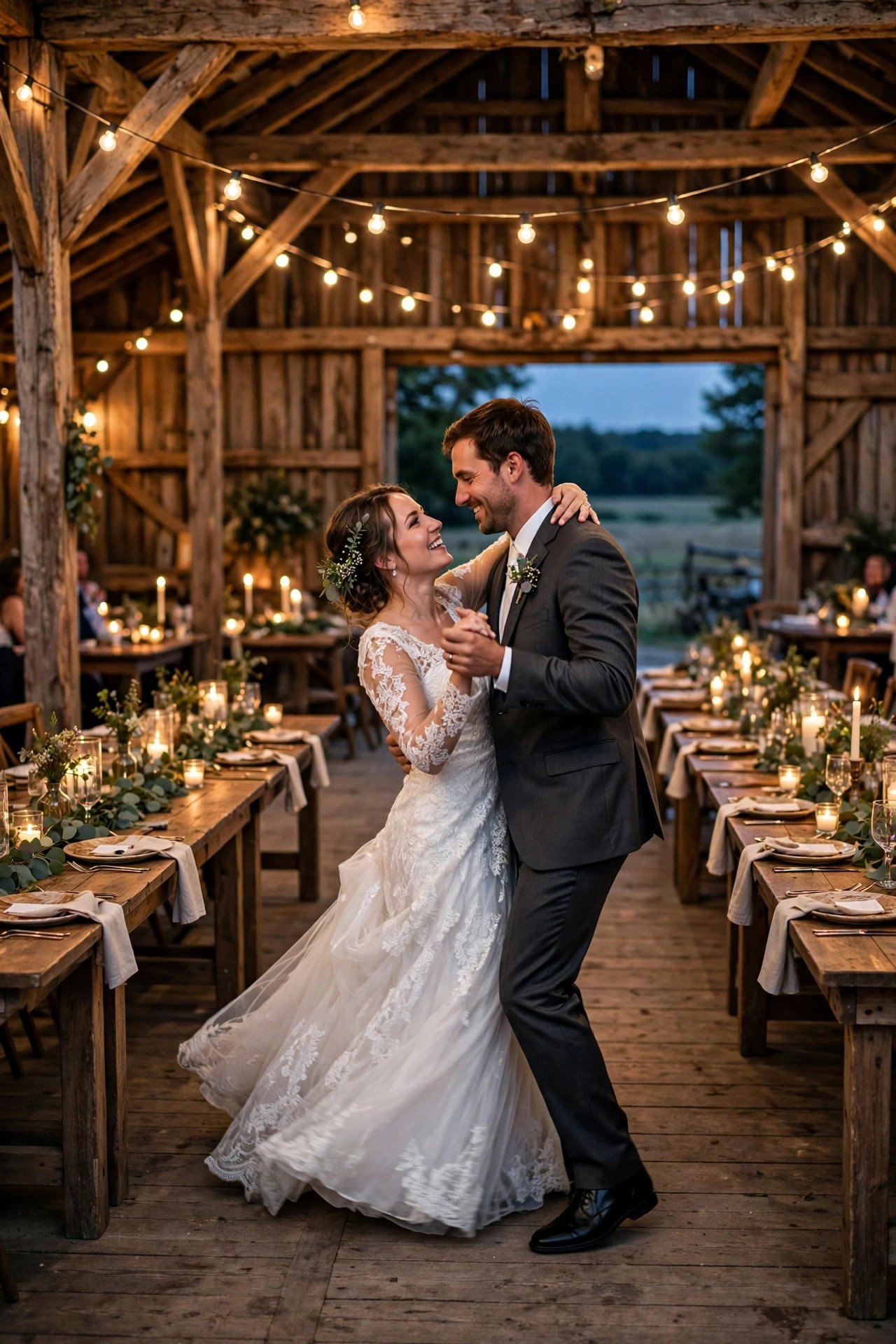 Rustic barn wedding with string lights and wooden farm tables at dusk