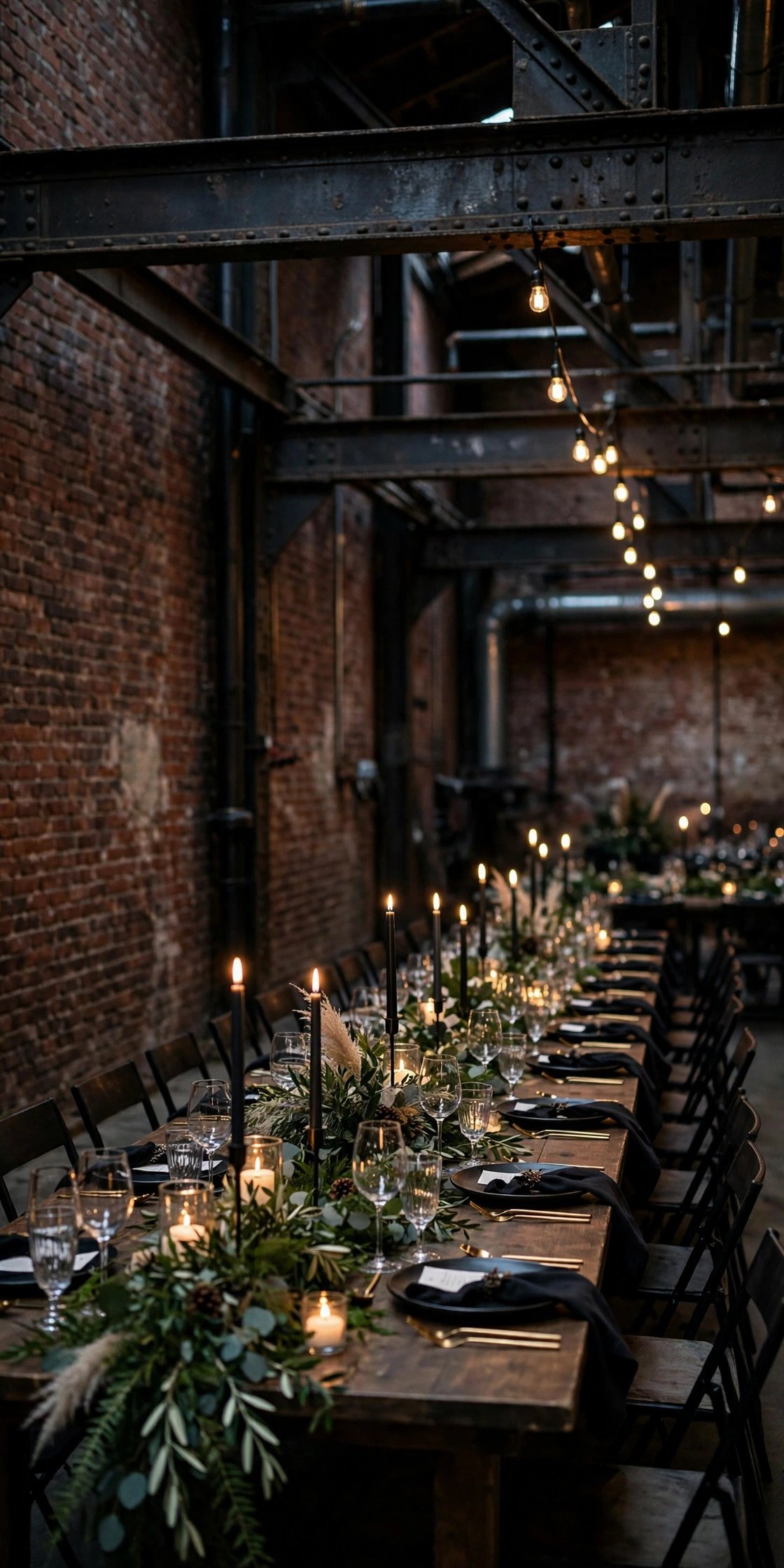 Industrial warehouse wedding with exposed brick dramatic lighting and long tables