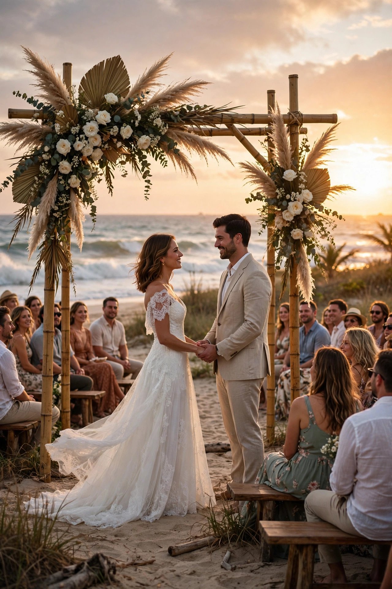 Beach wedding ceremony with floral arch and ocean waves at sunset