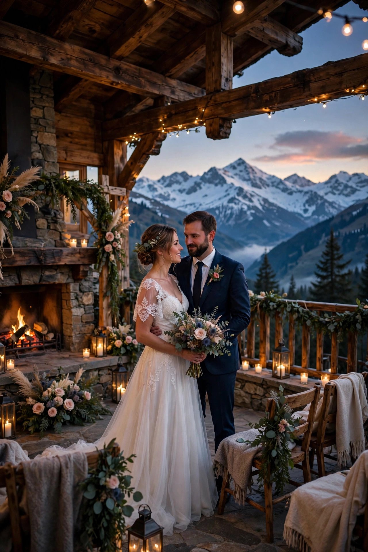 Mountain lodge wedding with snow-capped peaks and stone fireplace ceremony