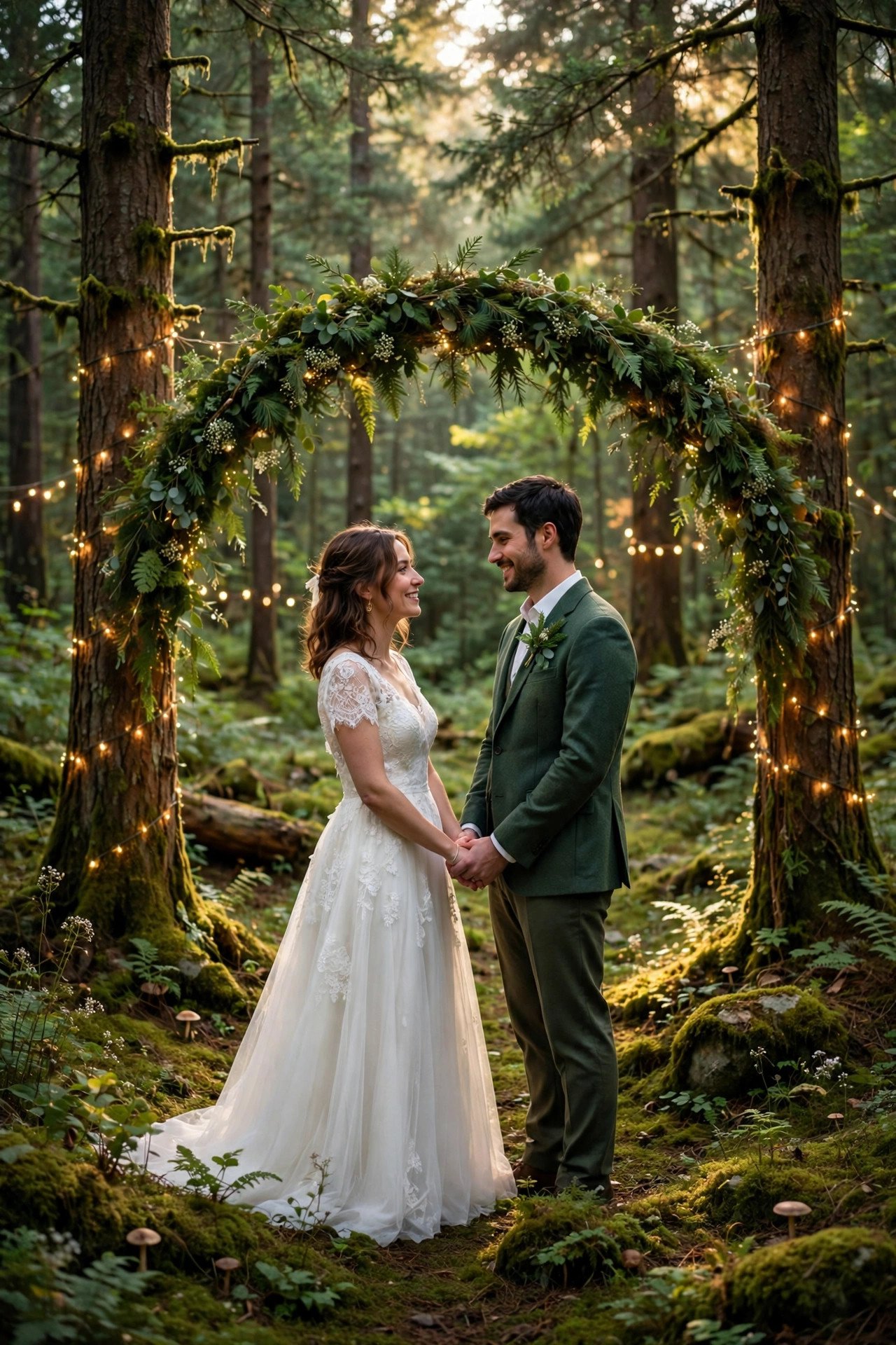 Enchanted forest wedding ceremony in a mossy clearing with fairy lights