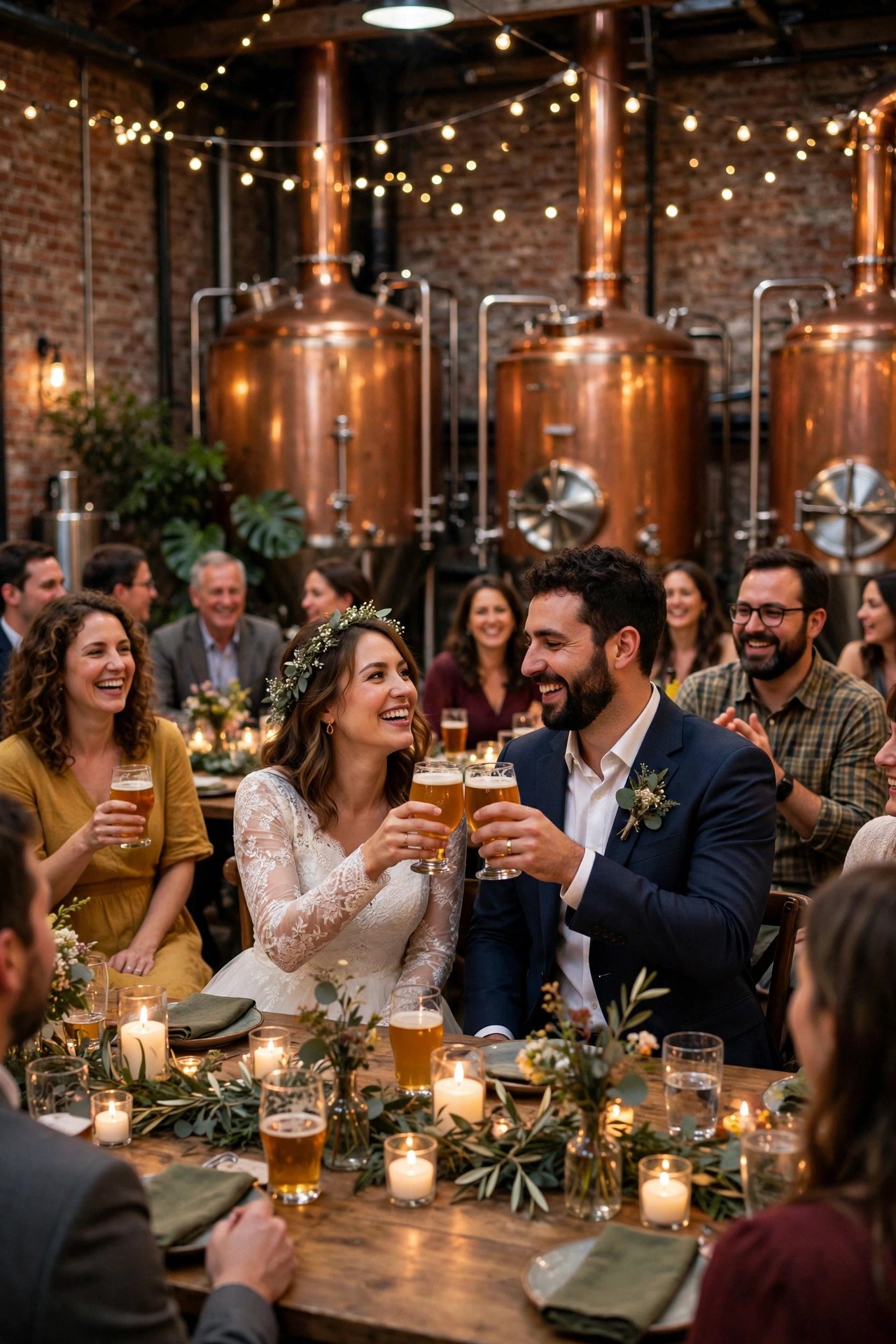 Brewery wedding reception with copper tanks string lights and long communal tables