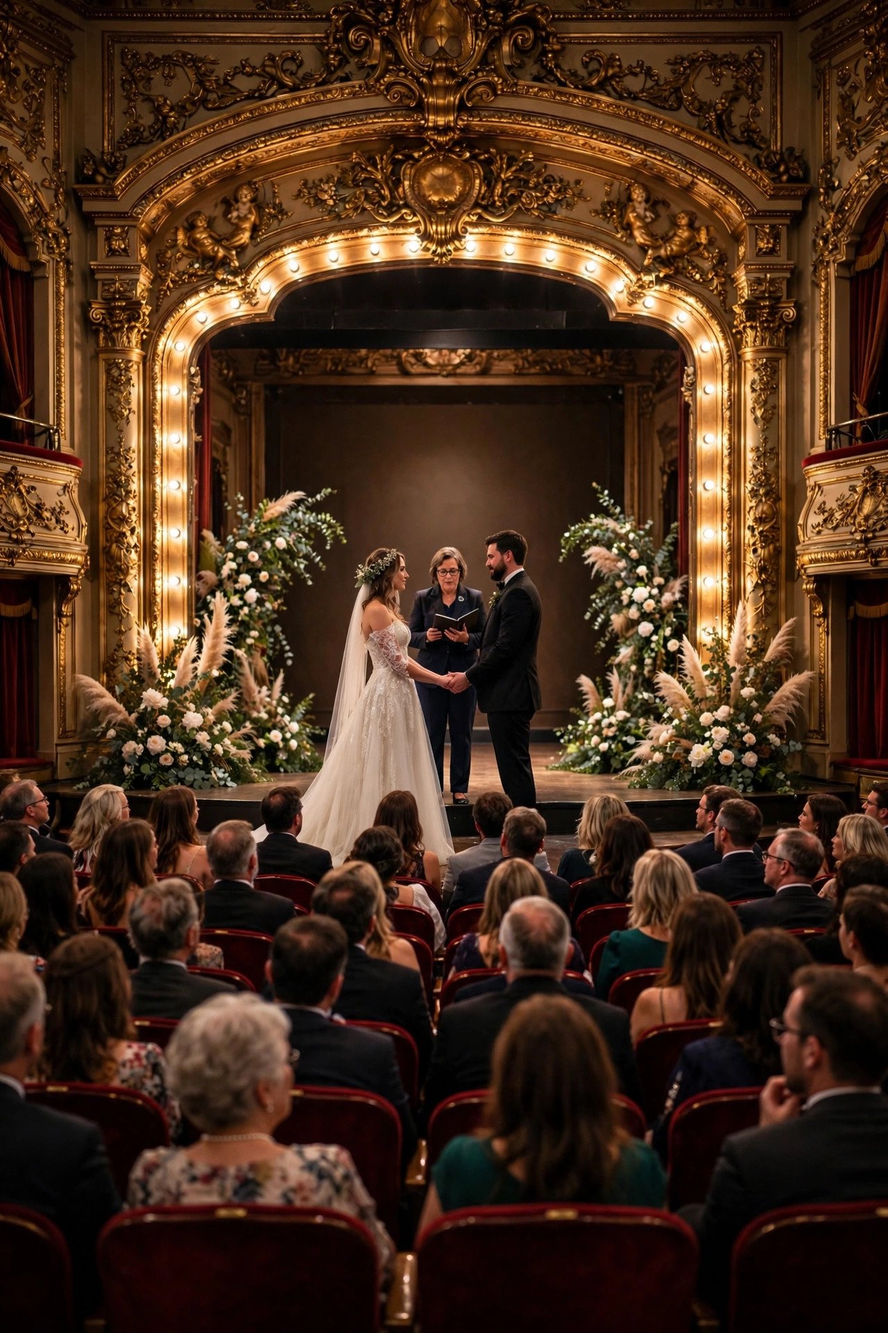 Theater wedding ceremony on a grand stage with velvet seats and marquee lights