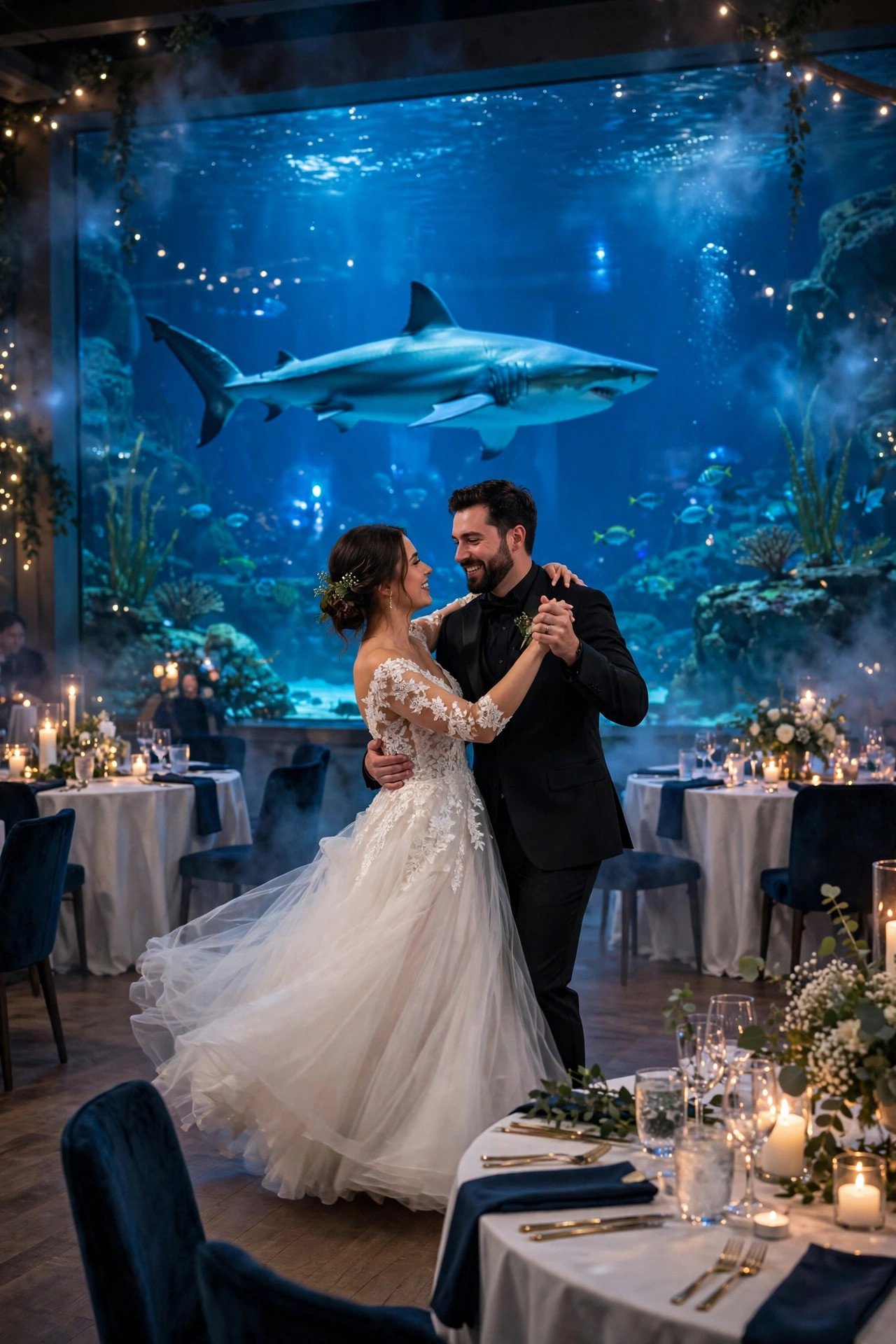 Aquarium wedding reception with glowing blue shark tank as backdrop