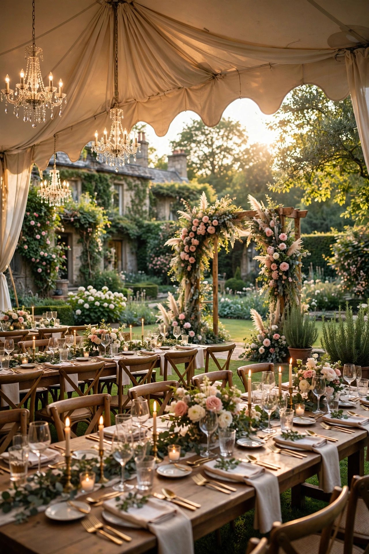 Elegant backyard estate wedding with sailcloth tent and garden ceremony