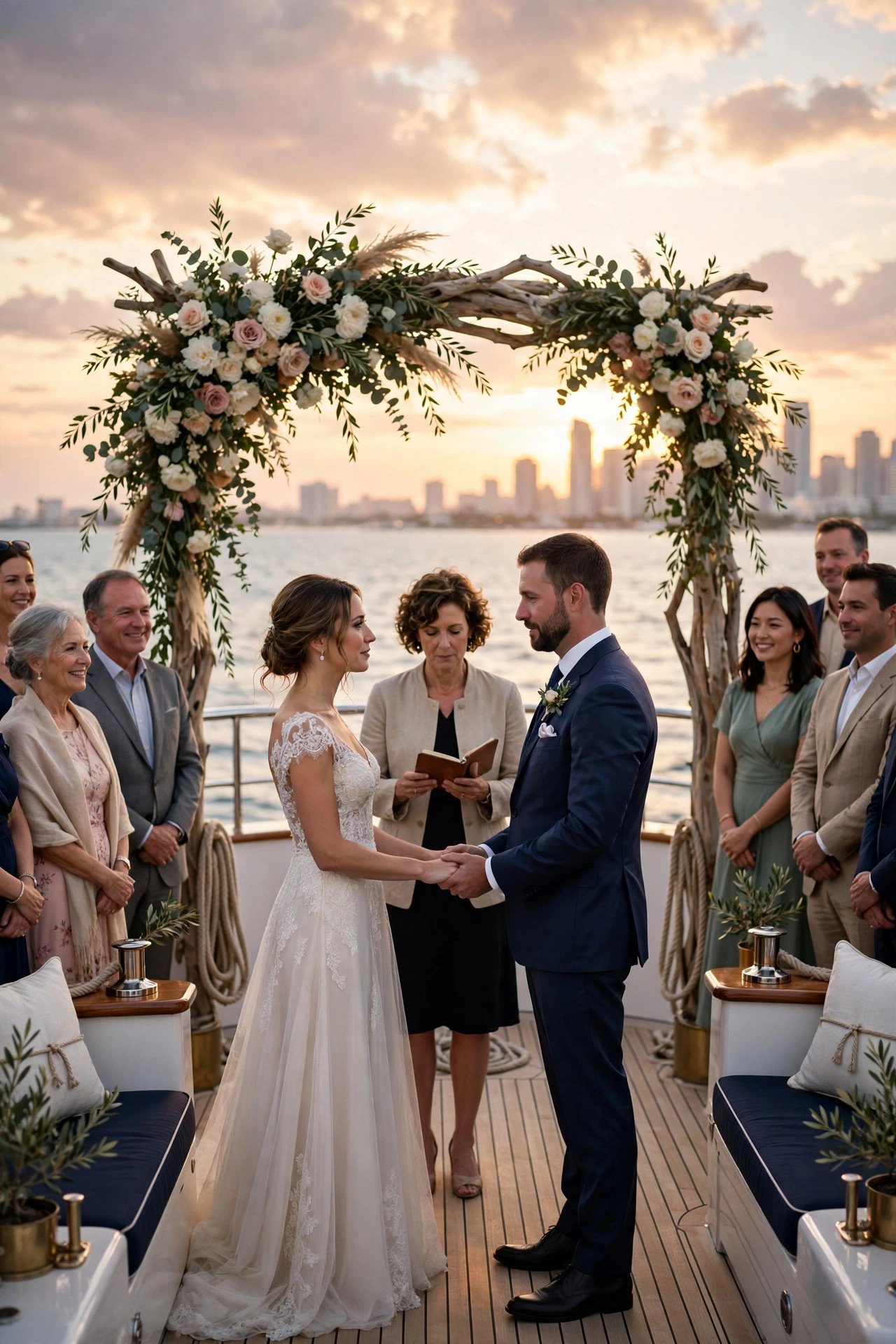 Yacht wedding ceremony on deck at sunset with water and skyline