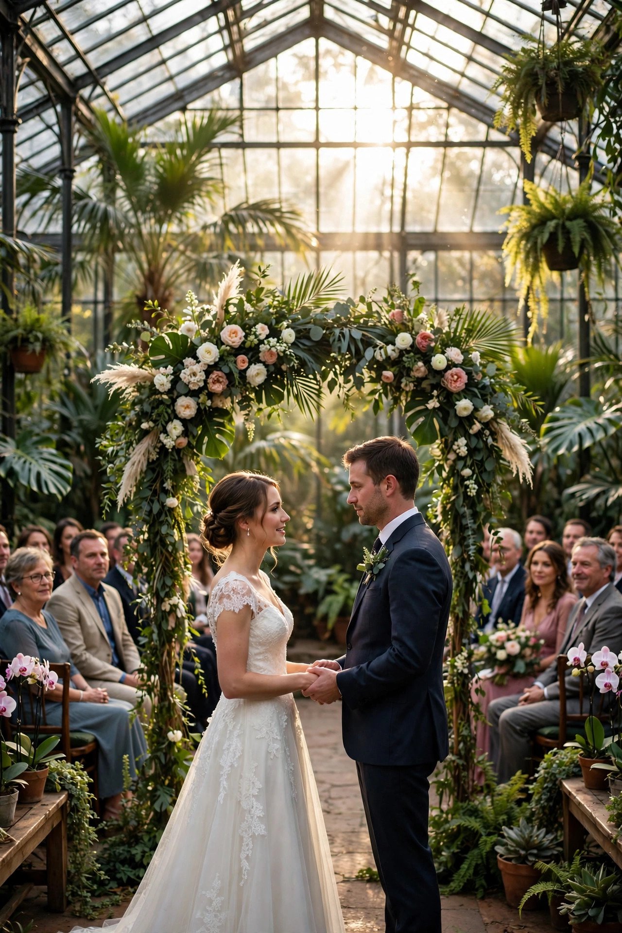 Couple exchanging vows in a stunning non-traditional wedding venue at golden hour