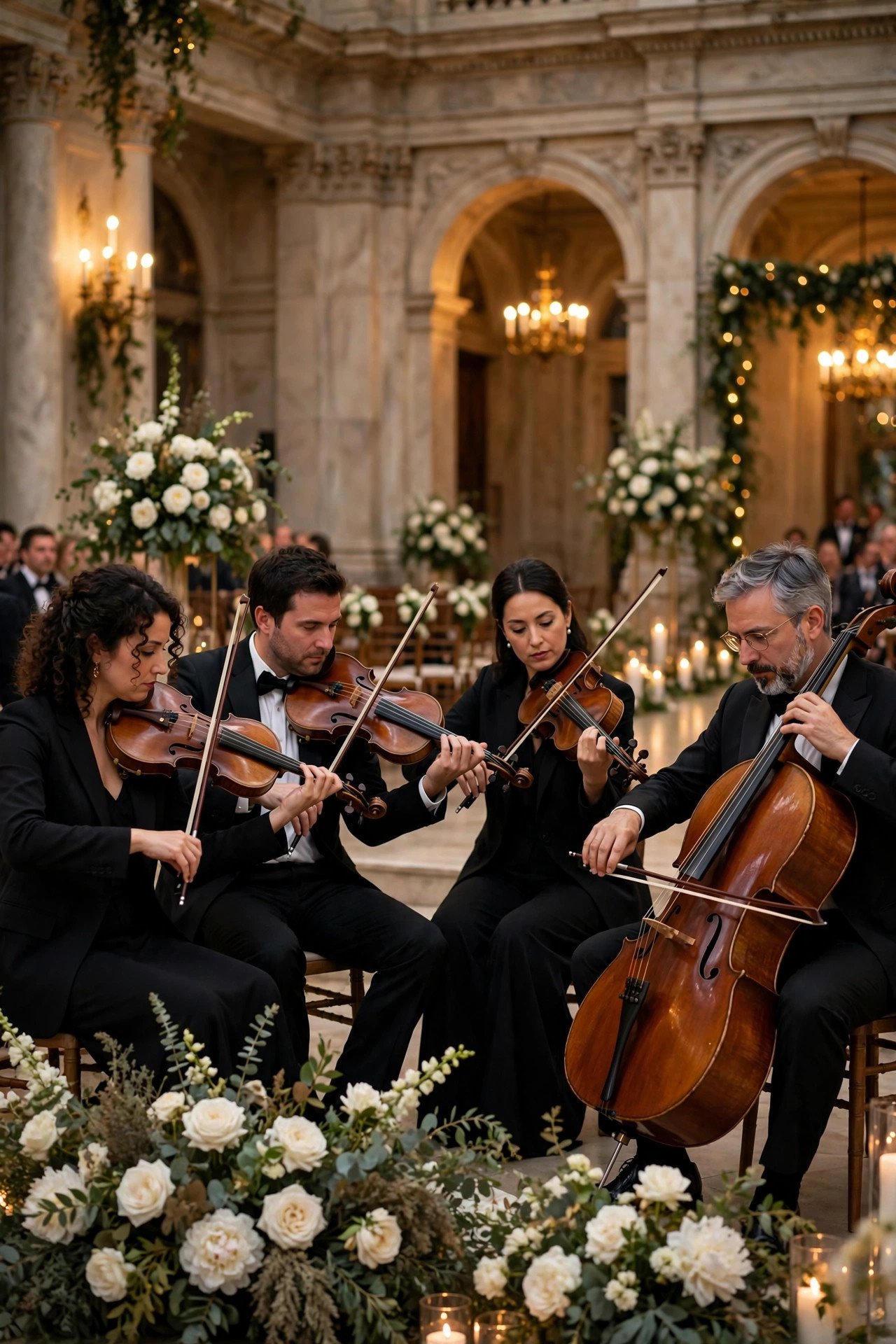 String quartet playing classical music at an elegant wedding ceremony