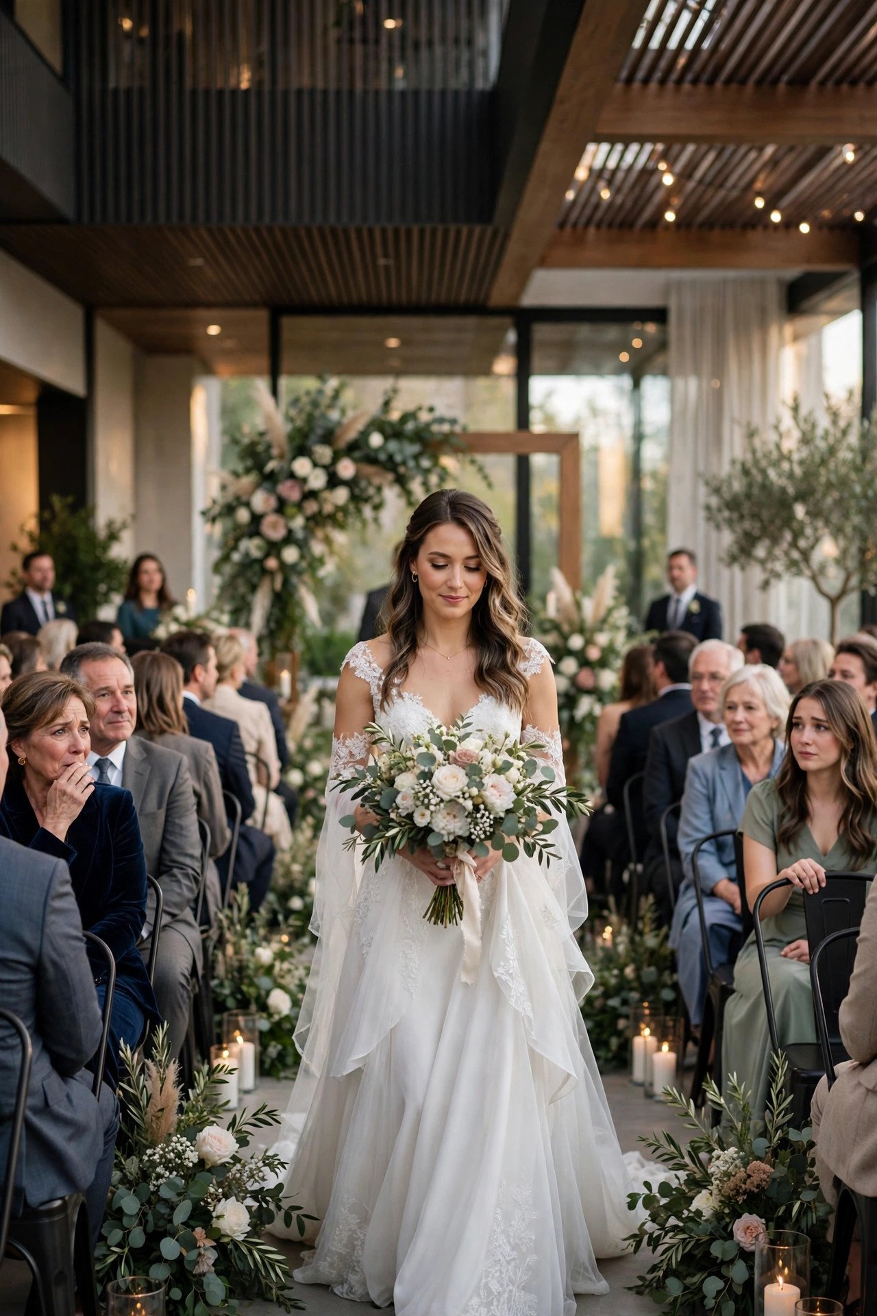 Bride walking down the aisle at a modern wedding ceremony with soft lighting