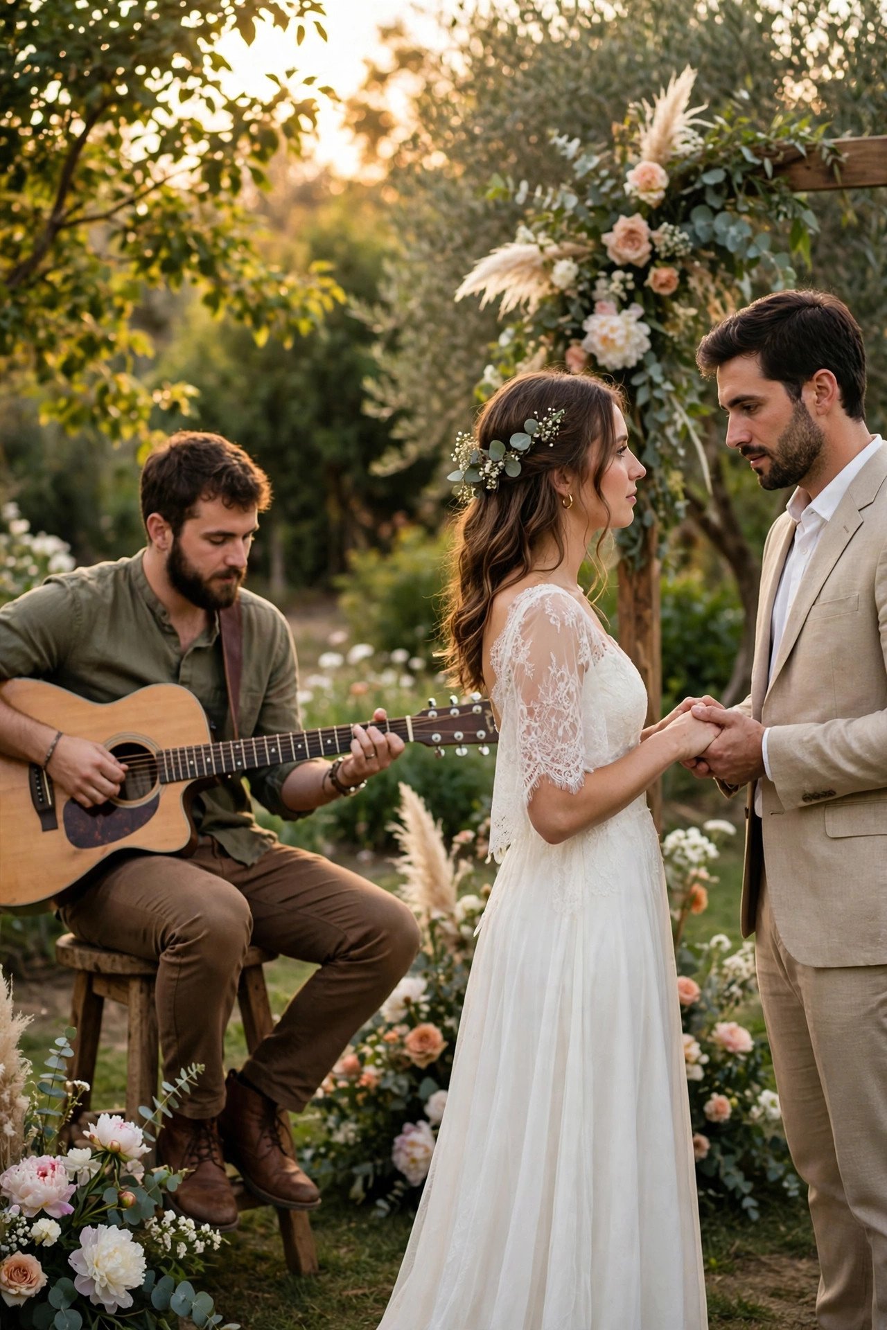 Acoustic guitarist performing at an intimate outdoor wedding ceremony