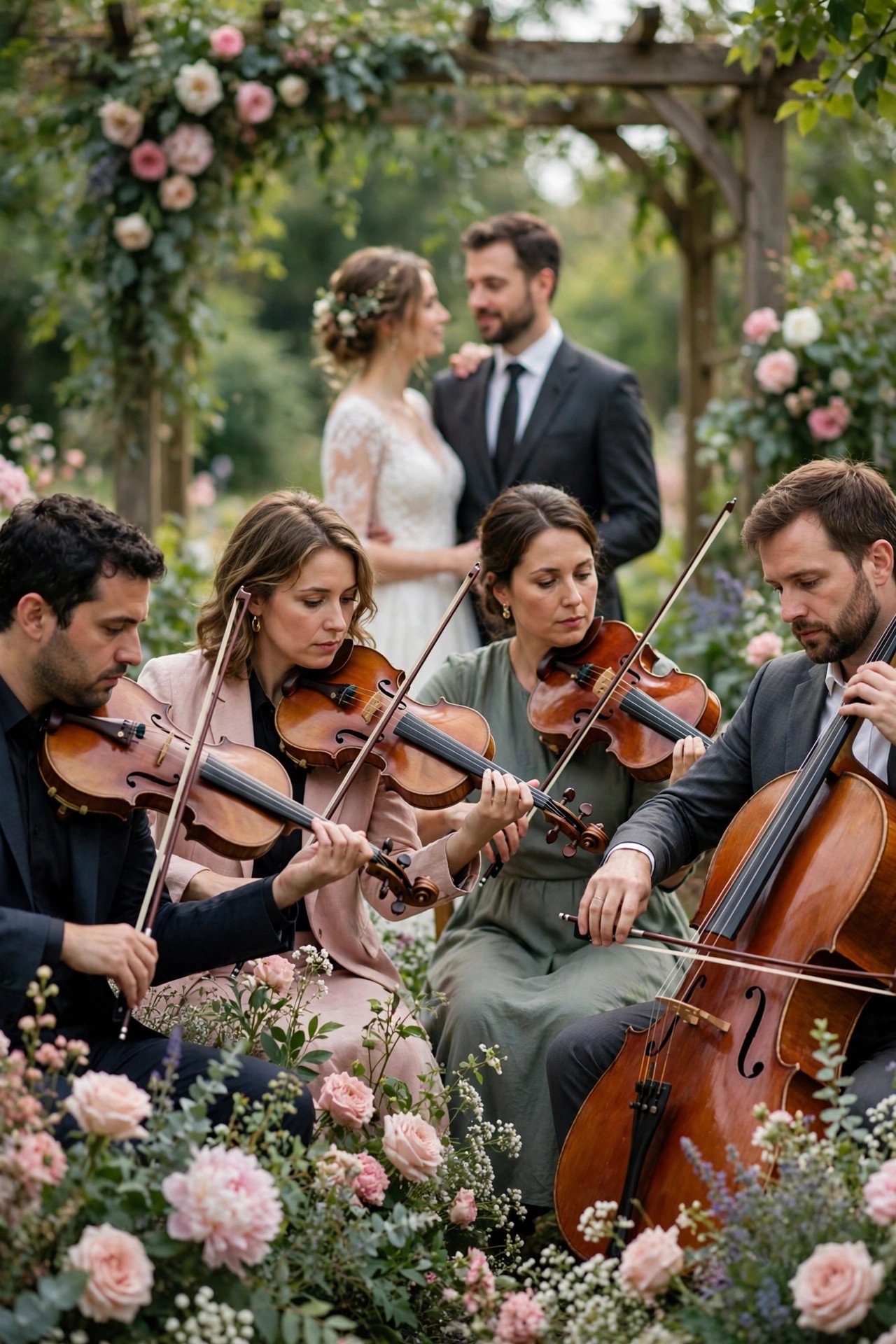 Elegant string quartet performing at a wedding ceremony in a garden