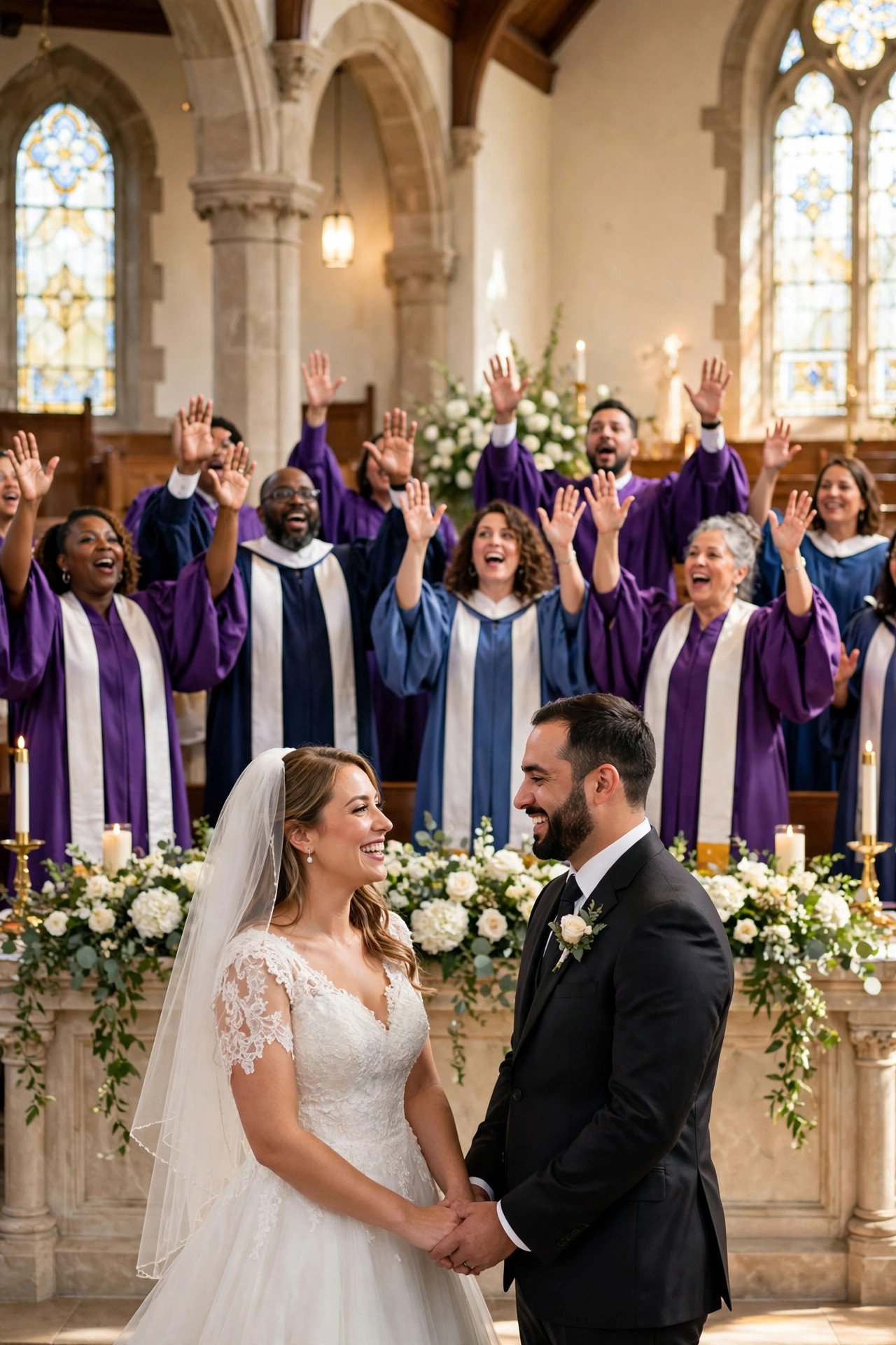 Gospel choir singing joyfully at a wedding ceremony in a church
