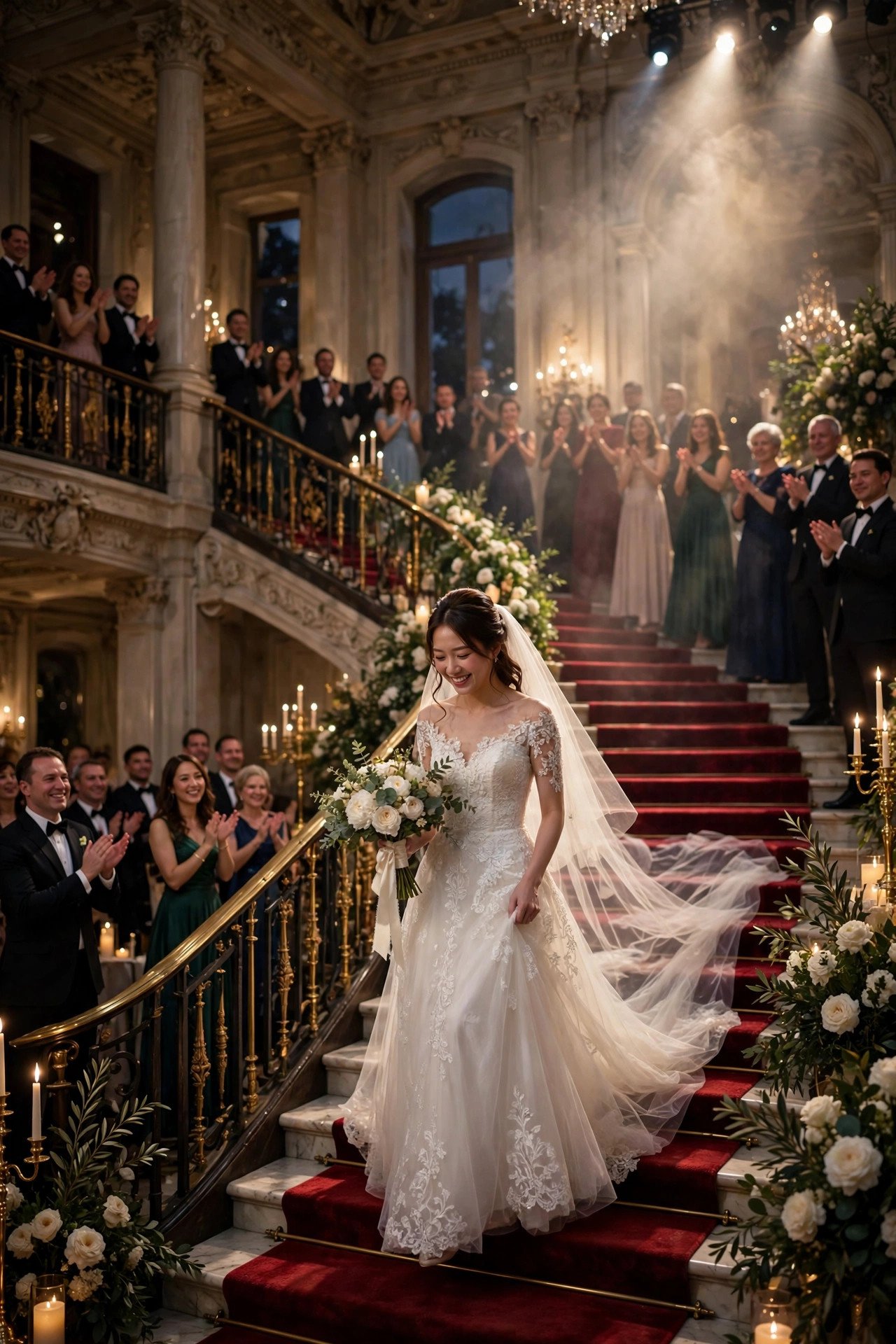 Bride walking down a grand staircase aisle at a cinematic wedding
